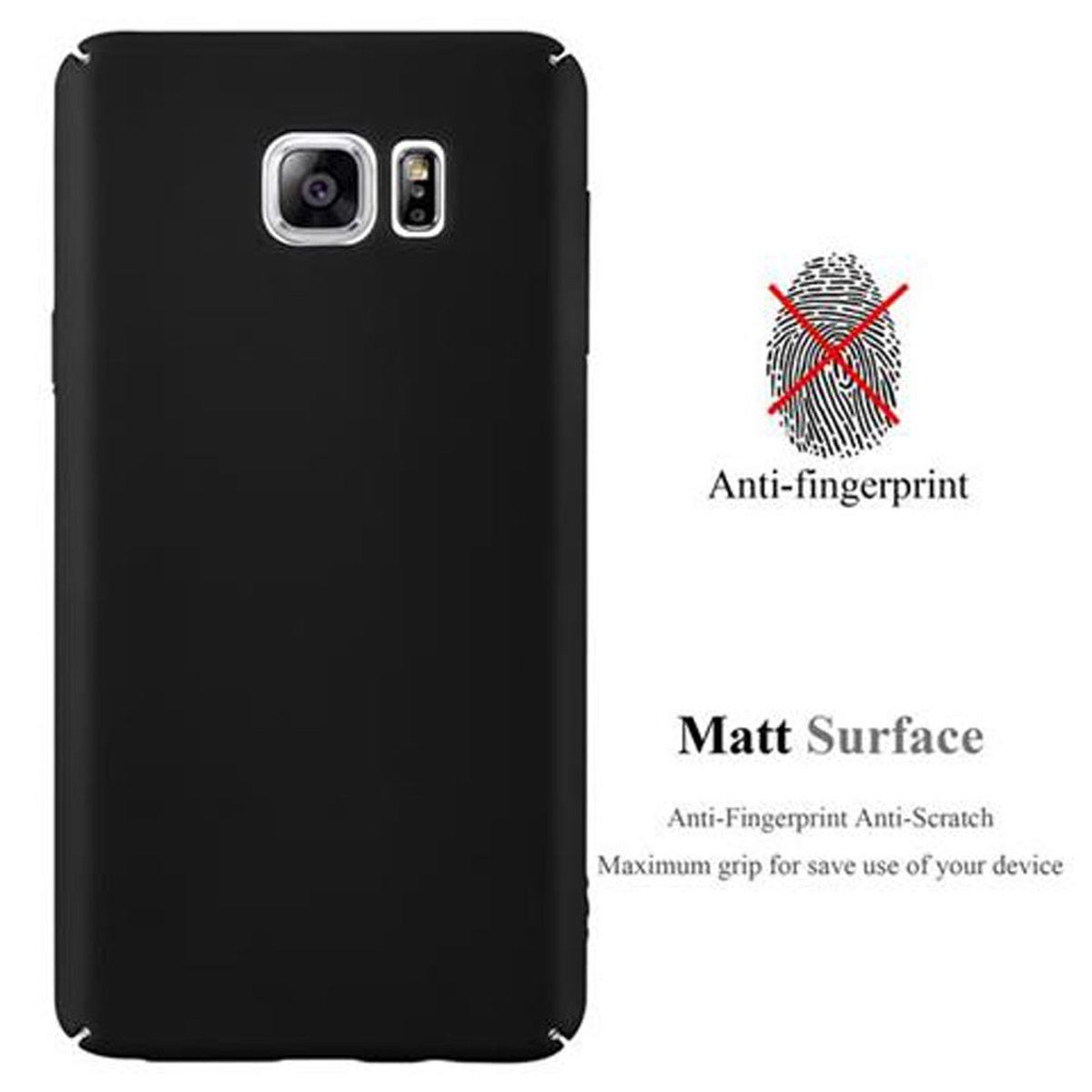 Eine schwarze Handyhülle wird gezeigt. Ein Anti-Fingerabdruck-Logo wird angezeigt.