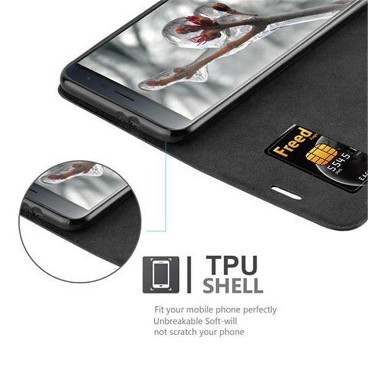 Una custodia per telefono nera con un telefono all'interno. C'è una carta visibile. Ha un logo TPU SHELL e la parola Freed.