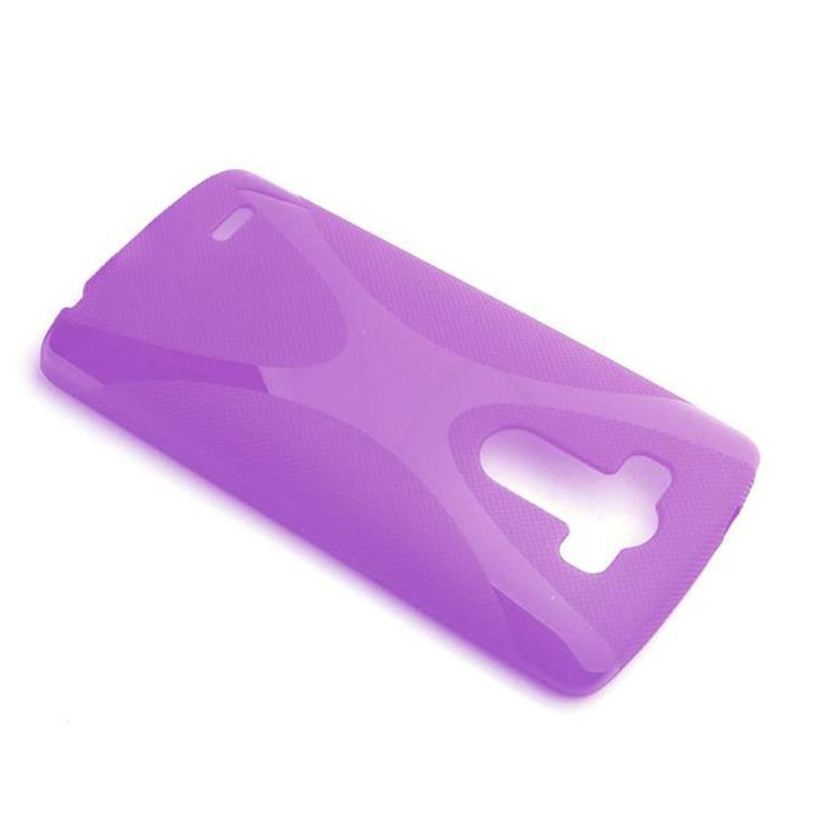 Funda de teléfono morada, en ángulo, que muestra una superficie lisa con un diseño texturizado.