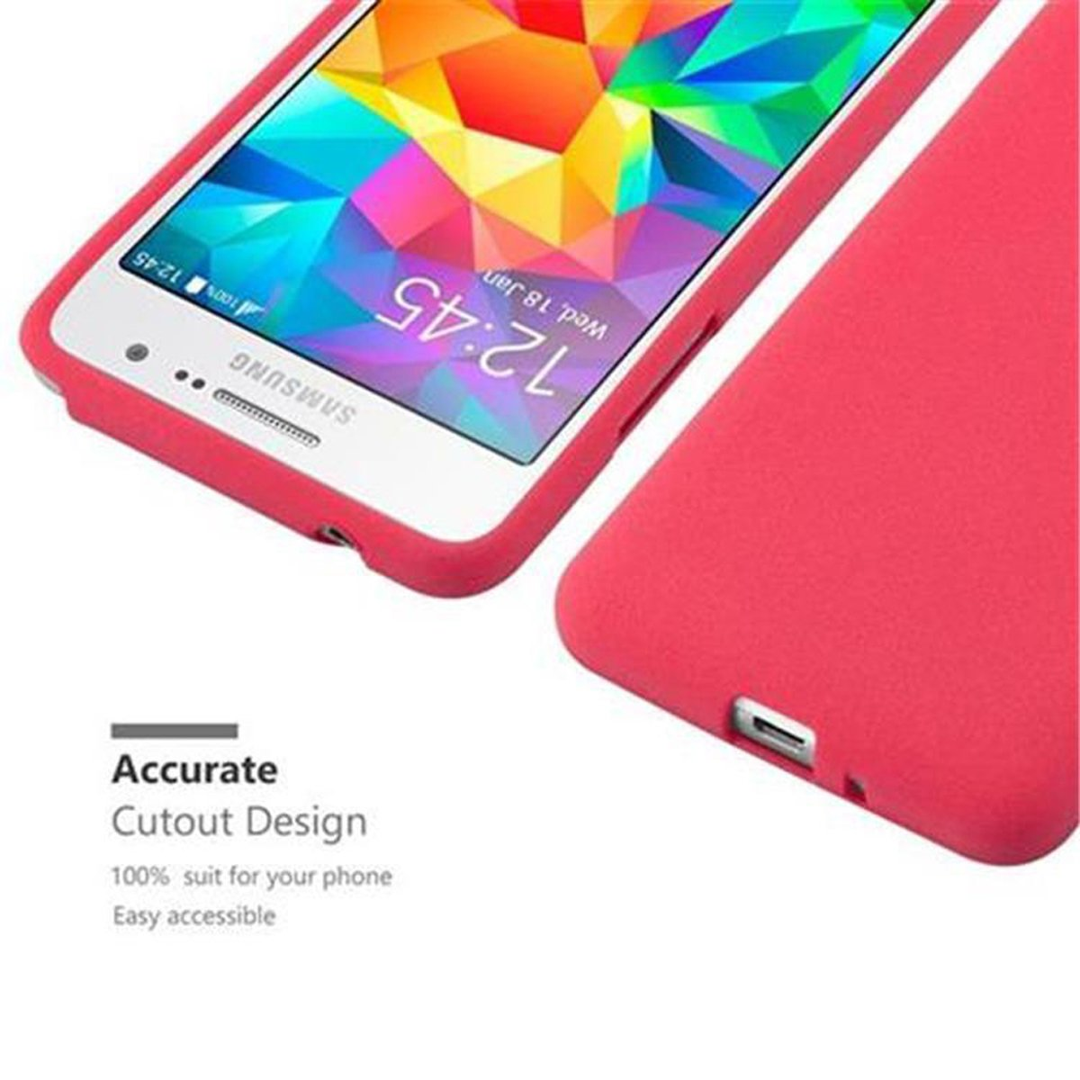 Primer plano de una funda roja con una pantalla de teléfono que muestra la hora.