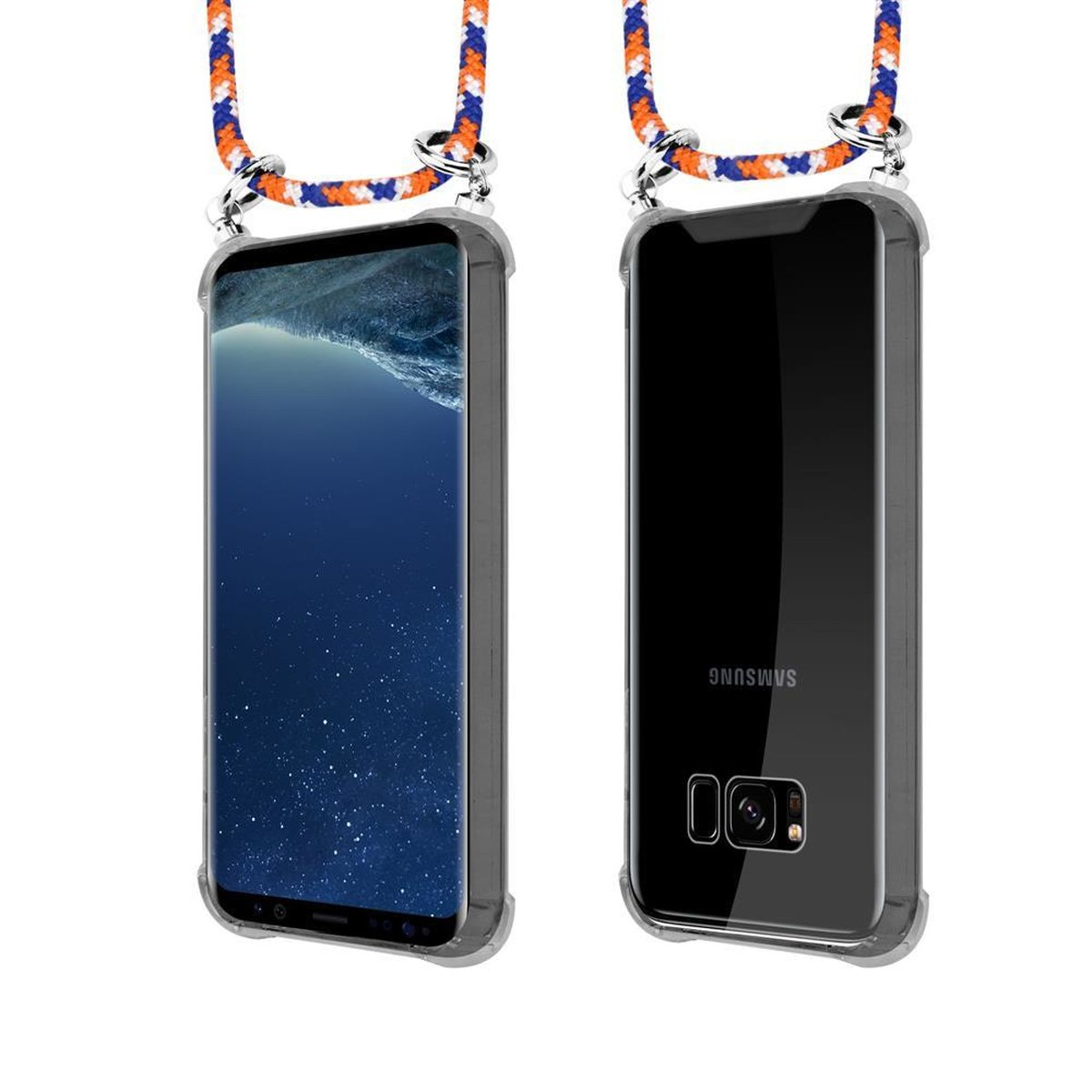 CADORABO Handy Kette PLUS, abnehmbarer WEIß Kordel Band S8 Galaxy Ringen, und mit Hülle, BLAU Backcover, Silber ORANGE Samsung