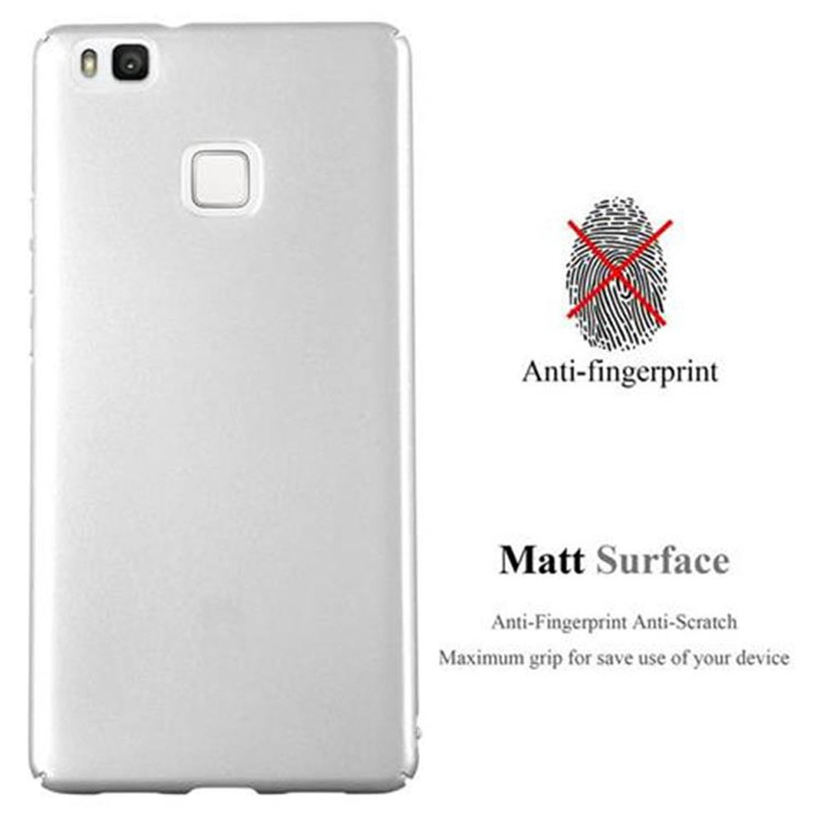 Custodia bianca per telefono con funzione anti-impronta. Testo: Superficie opaca, antigraffio. Icona impronta digitale sbarrata.