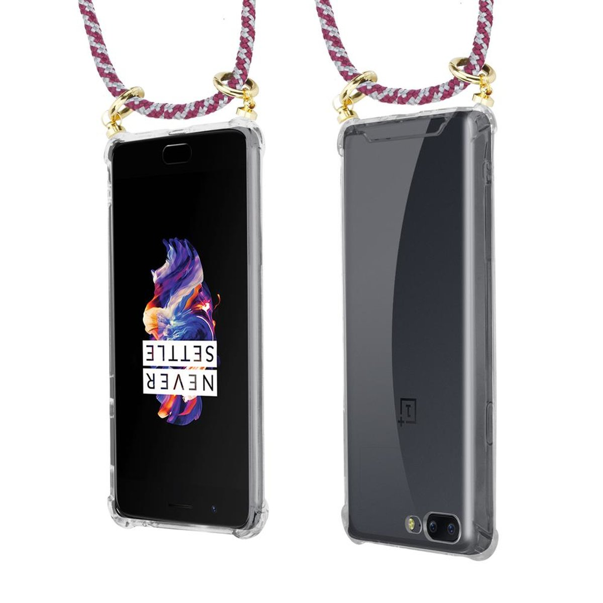 CADORABO Handy Kette mit Gold 5, Ringen, WEIß Hülle, OnePlus, und Kordel abnehmbarer ROT Band Backcover
