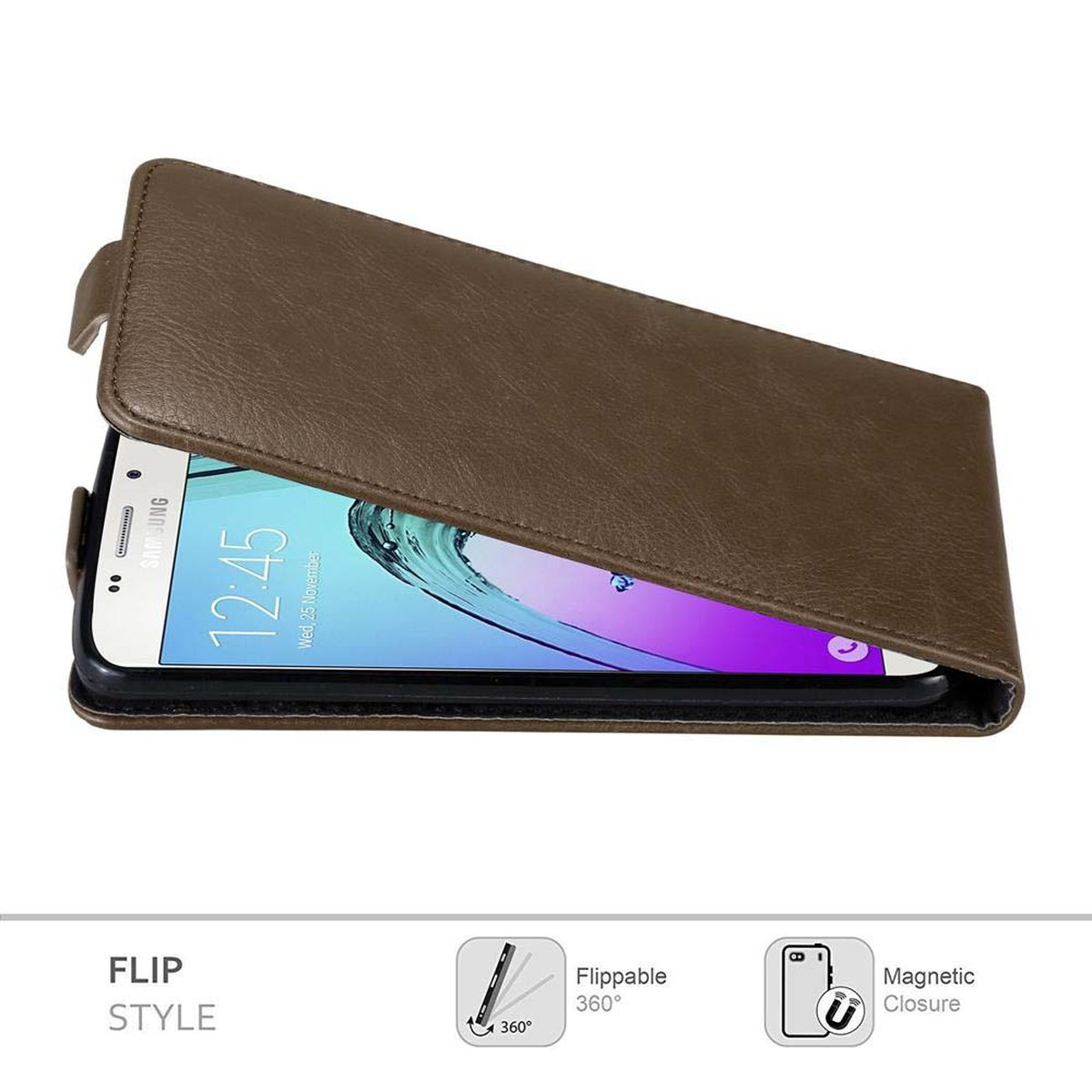 Custodia per telefono marrone aperta con telefono. Testo: 'Flip Style' e 'Chiusura magnetica'.