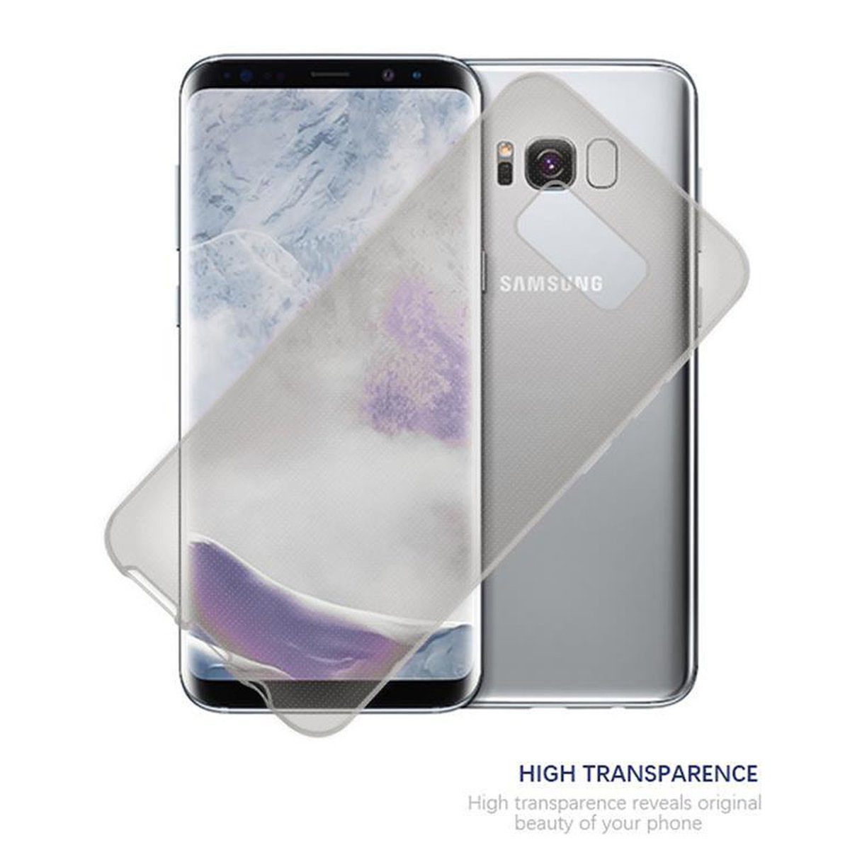 Un telefono con una custodia trasparente, che rivela il retro del telefono, con il testo "High Transparency".