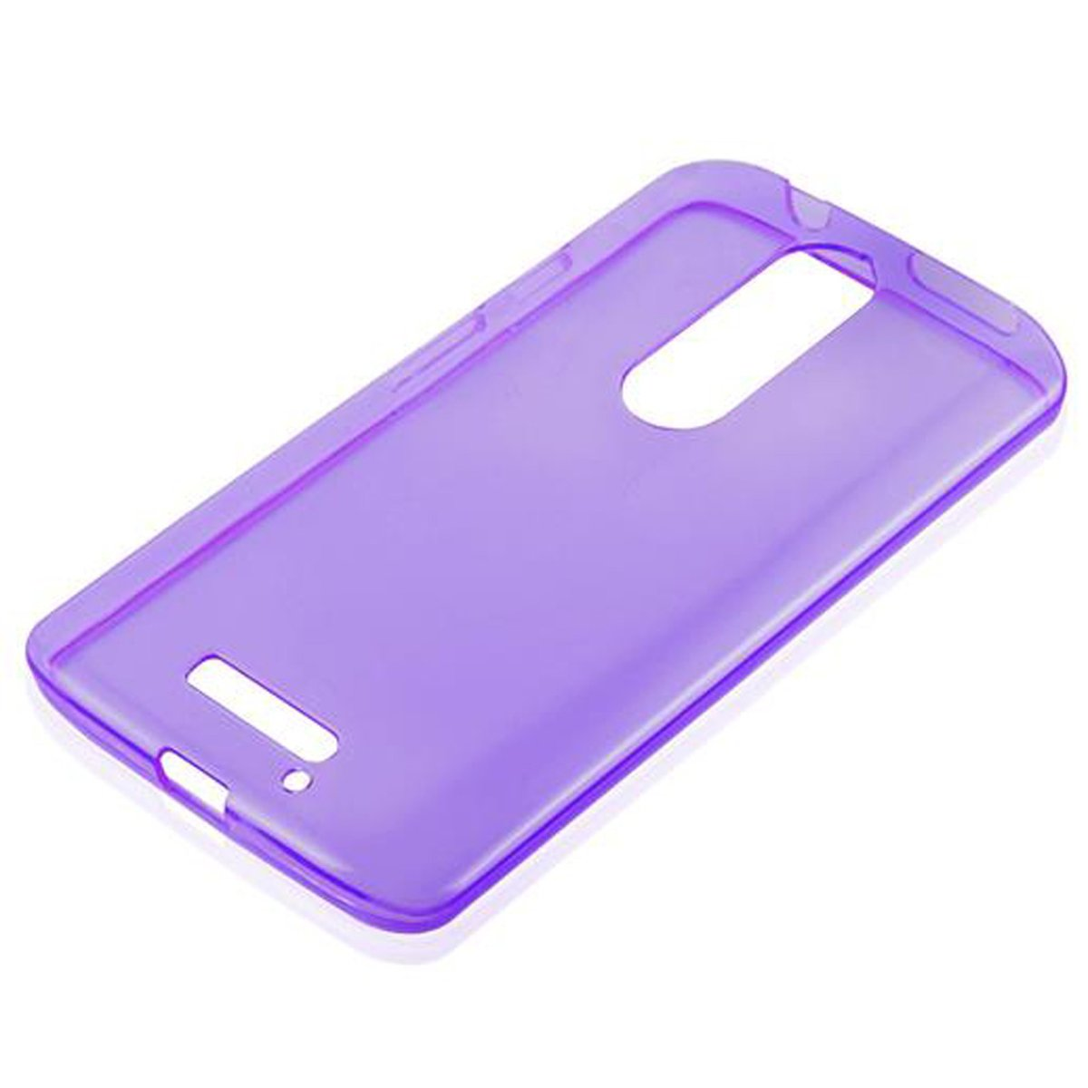 Una funda de teléfono morada. La funda del teléfono es rectangular con recortes para puertos.
