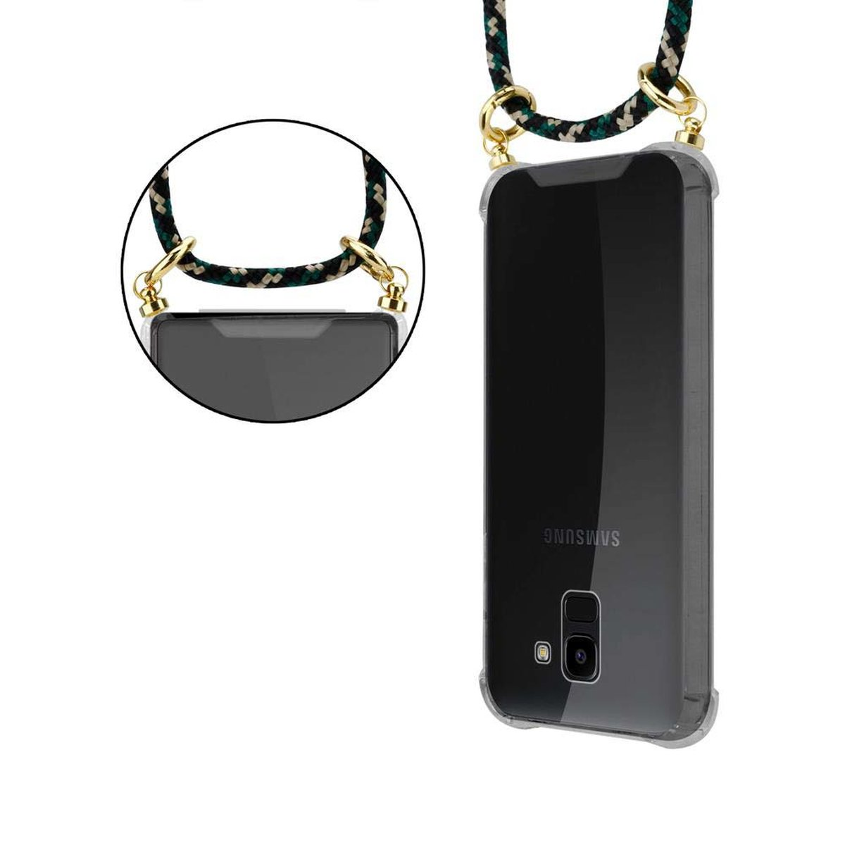 Kette J6 CAMOUFLAGE Handy Kordel Backcover, abnehmbarer Ringen, Band Samsung, Galaxy Gold Hülle, CADORABO mit und 2018,