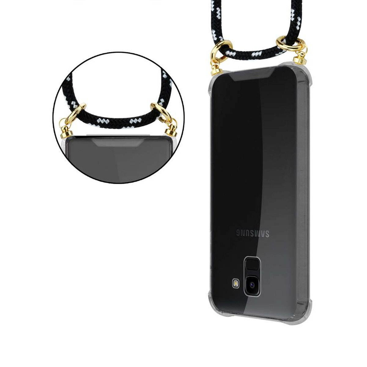 CADORABO Handy SILBER J6 Kordel abnehmbarer Kette Backcover, 2018, Gold Galaxy Hülle, Band und mit Ringen, SCHWARZ Samsung