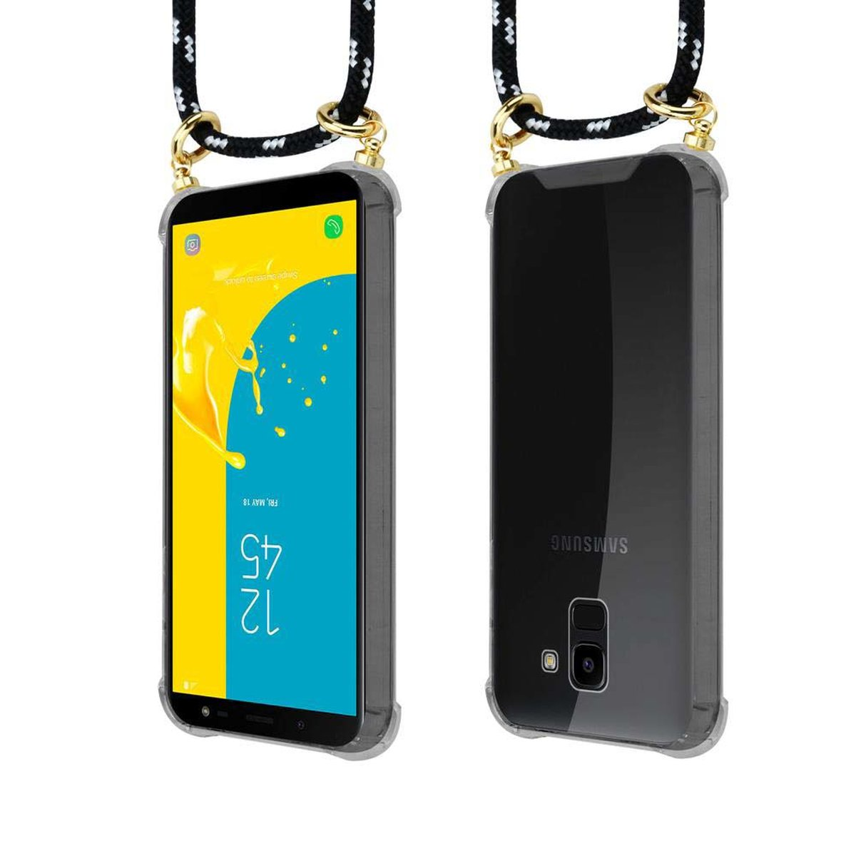 CADORABO Handy SILBER J6 Kordel abnehmbarer Kette Backcover, 2018, Gold Galaxy Hülle, Band und mit Ringen, SCHWARZ Samsung