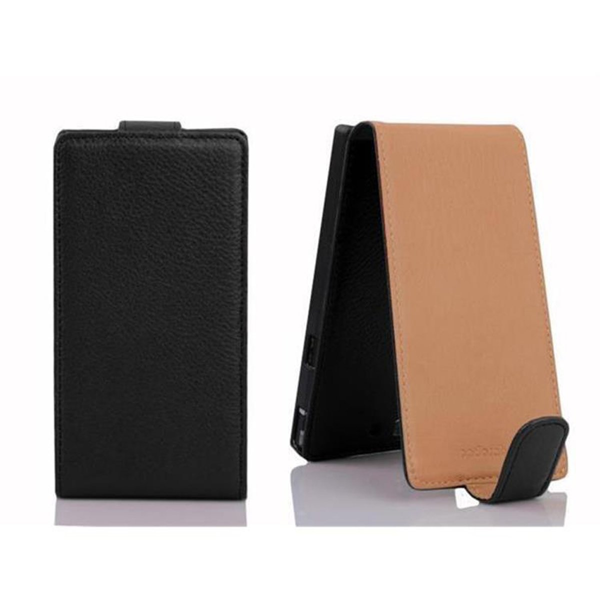 Dos fundas para teléfono, una negra cerrada, una beige abierta, ambas sobre fondo blanco.