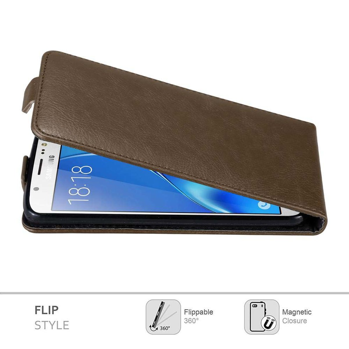 Viene mostrata una custodia marrone per telefono con un telefono all'interno. Ha uno stile a ribalta.