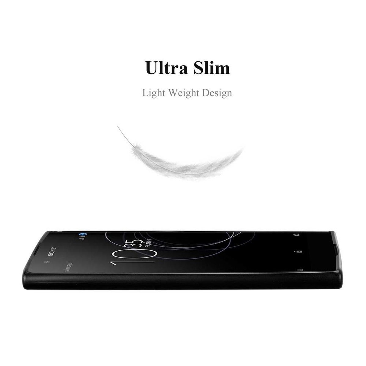 Ein schwarzes Telefon mit einer Feder auf weißem Hintergrund, mit Text: Ultra Slim, Light Weight Design.