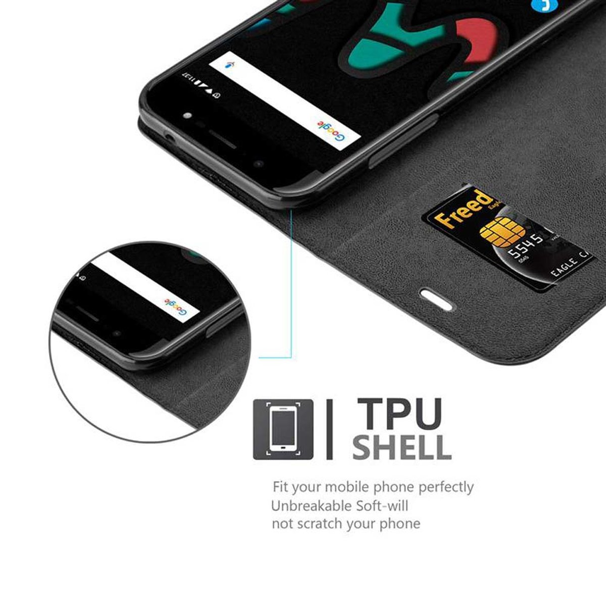 Telefon in schwarzer Hülle mit Kreditkarte. Enthält eine TPU-Schale mit Text zur Beschreibung der Funktionen.