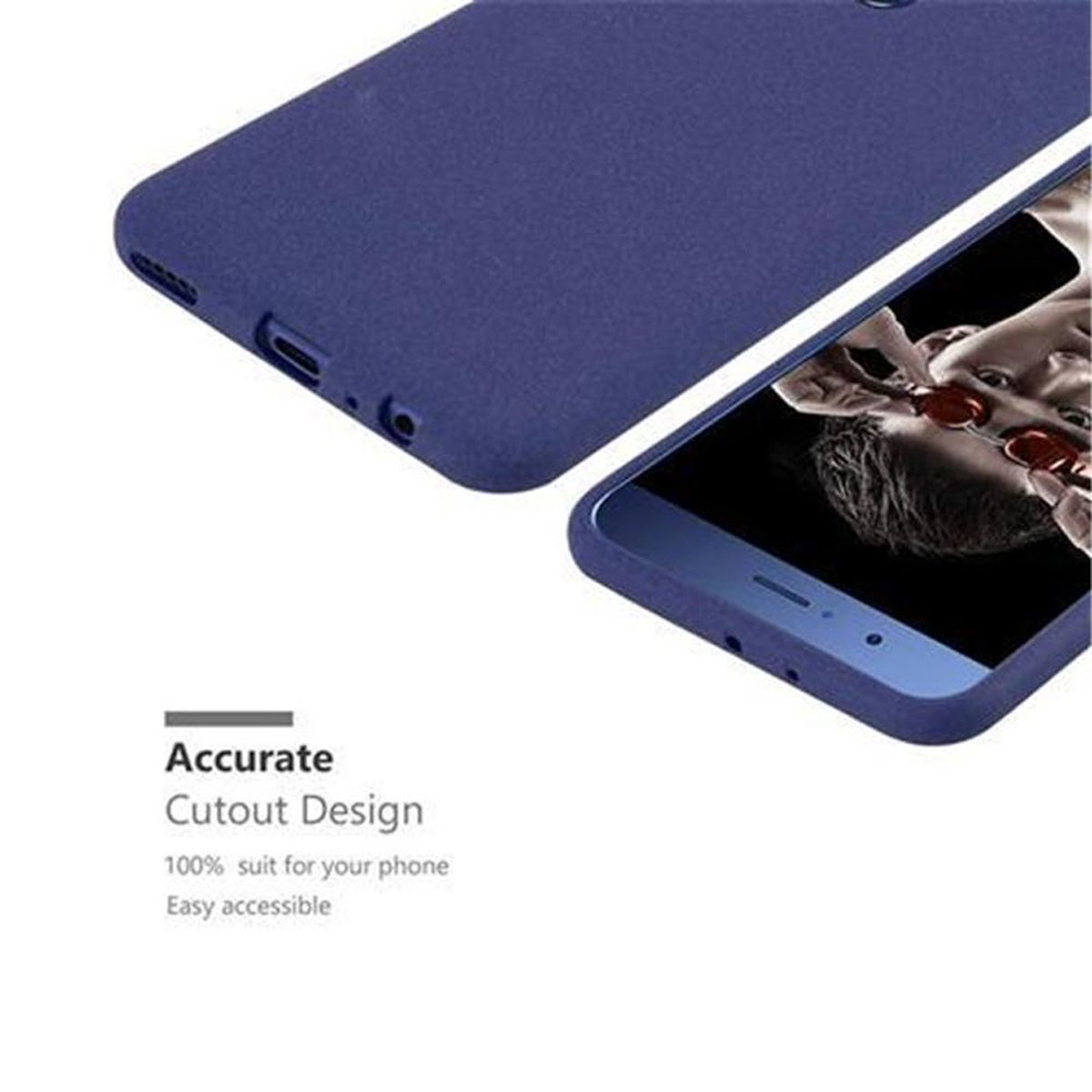 Custodia blu per telefono e telefono, che mostra lo schermo del telefono.