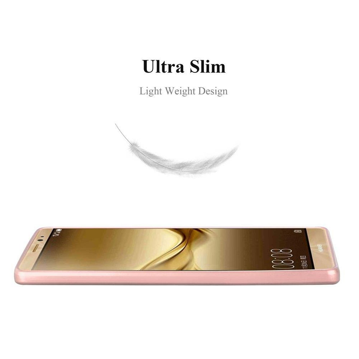 Teléfono rosa, visto de lado. Se anuncia un diseño ligero.