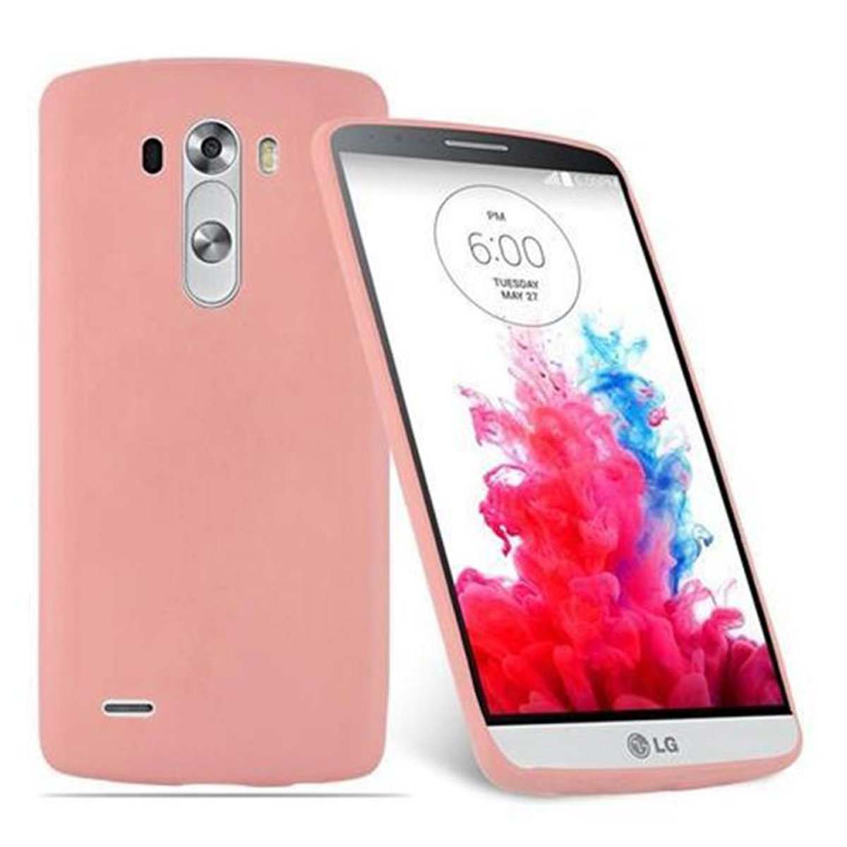 Rosa Handyhülle und ein Handy darin. Das Handy zeigt Zeit und Datum an.