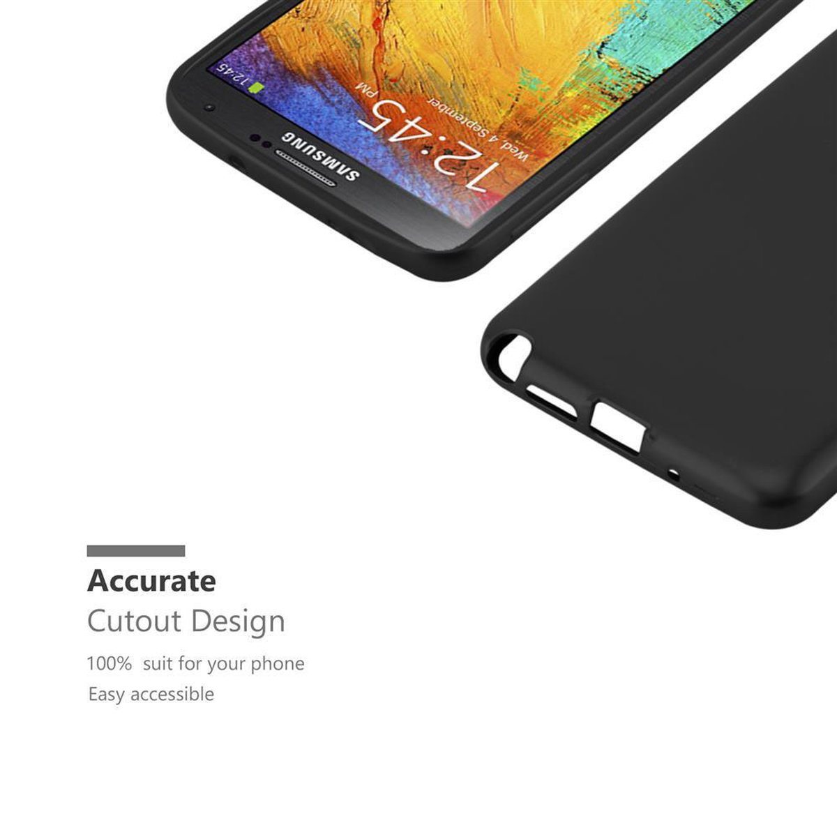 Schwarzes Telefon mit schwarzem Gehäuse, zeigt ein Ausschnittdesign, auf weißem Hintergrund.