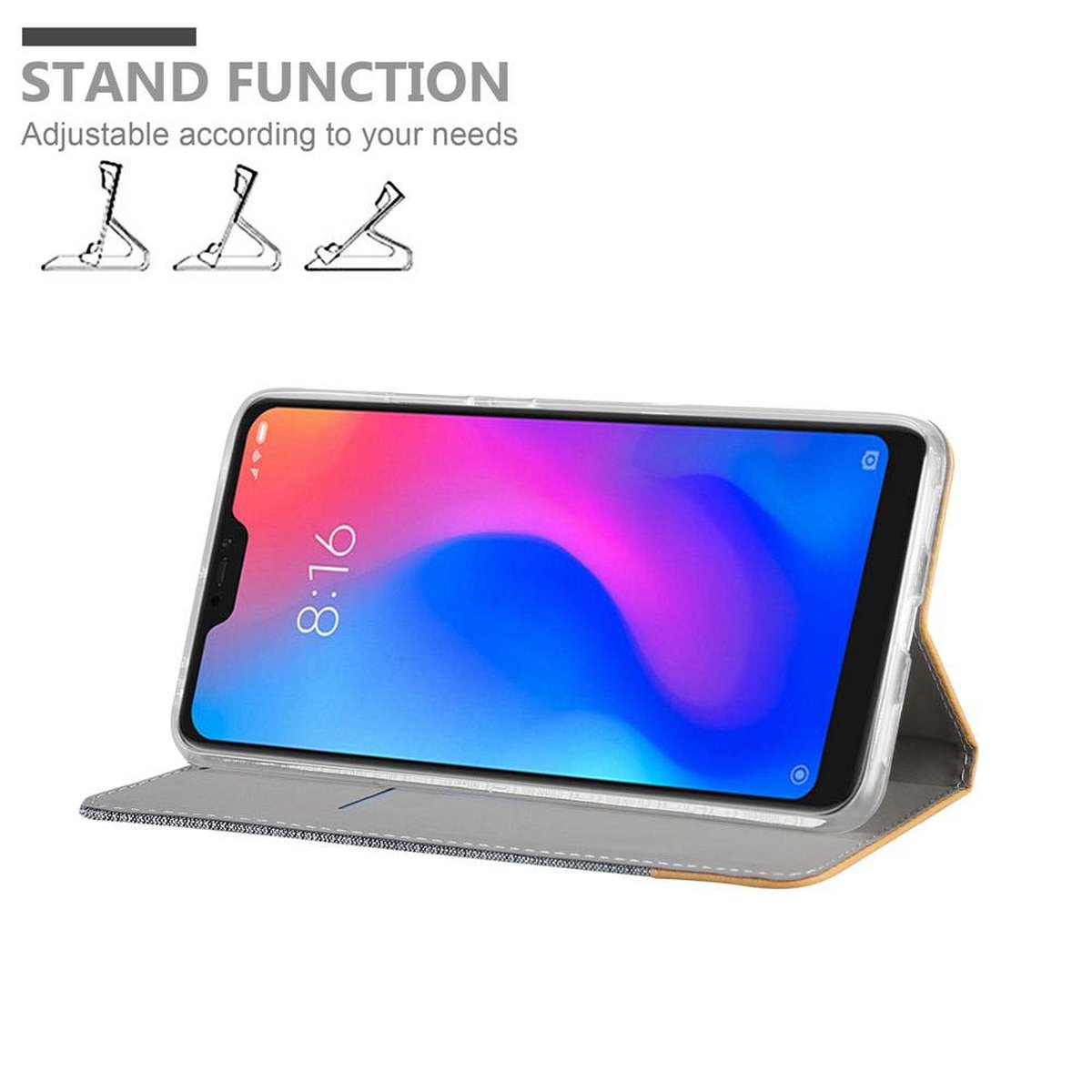 Ein Telefon in einer Hülle in einer Ständerhülle. Text: 'Standfunktion' und Diagramme.