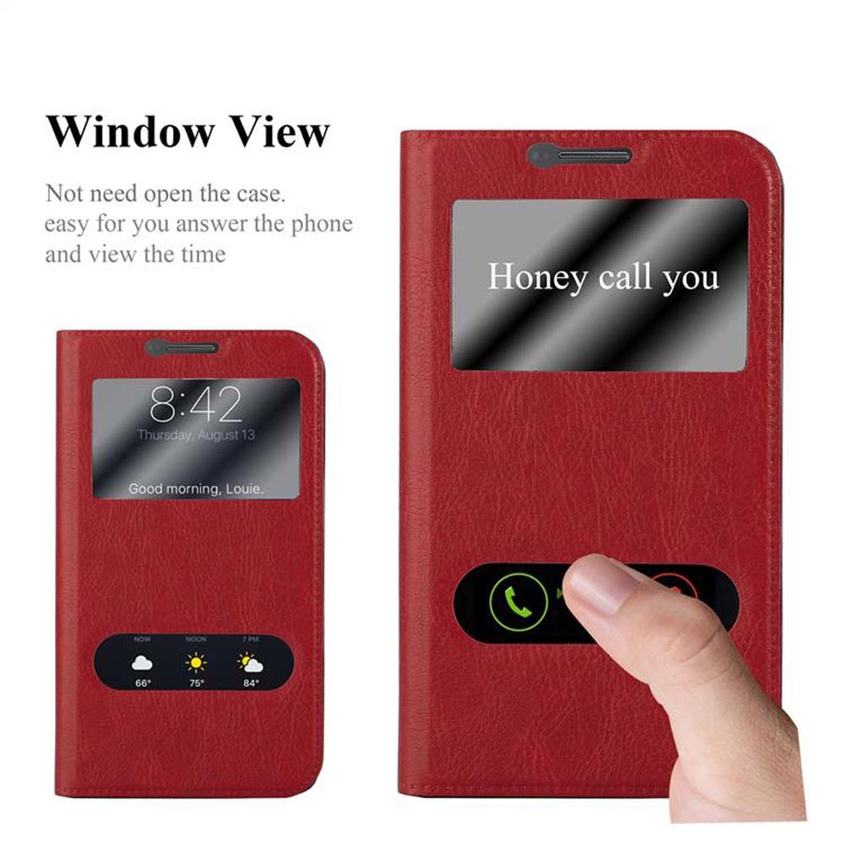 Funda de teléfono roja con vista de ventana, mostrando la hora y una notificación.
