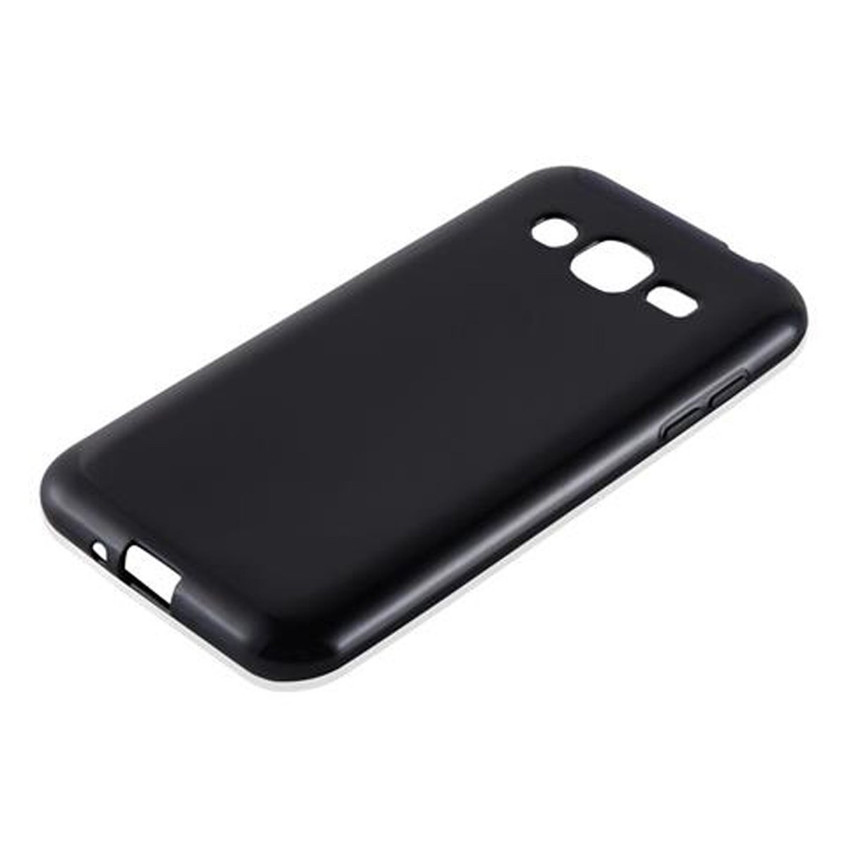 Custodia per telefono nera. Ha ritagli per la fotocamera e i pulsanti.