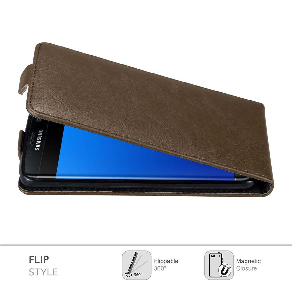 Braune Leder-Klapphülle mit offenem Telefon. Der Telefonbildschirm ist sichtbar.