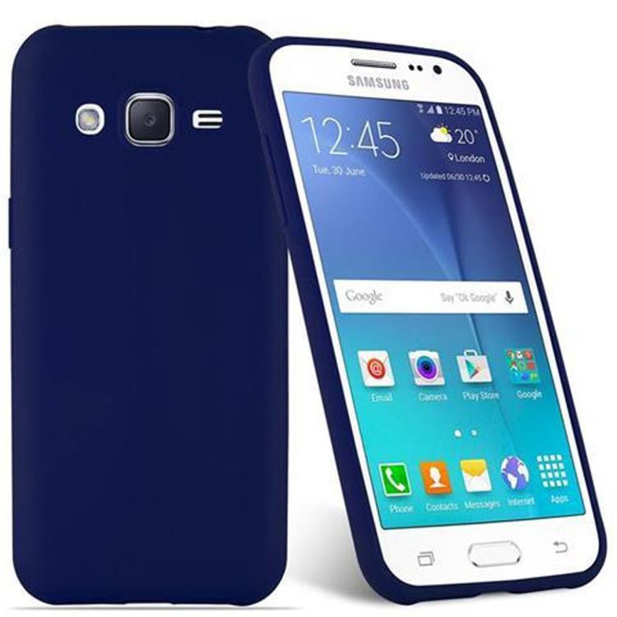 Un telefono blu con una custodia blu scuro. Lo schermo mostra l'ora e le condizioni meteorologiche.