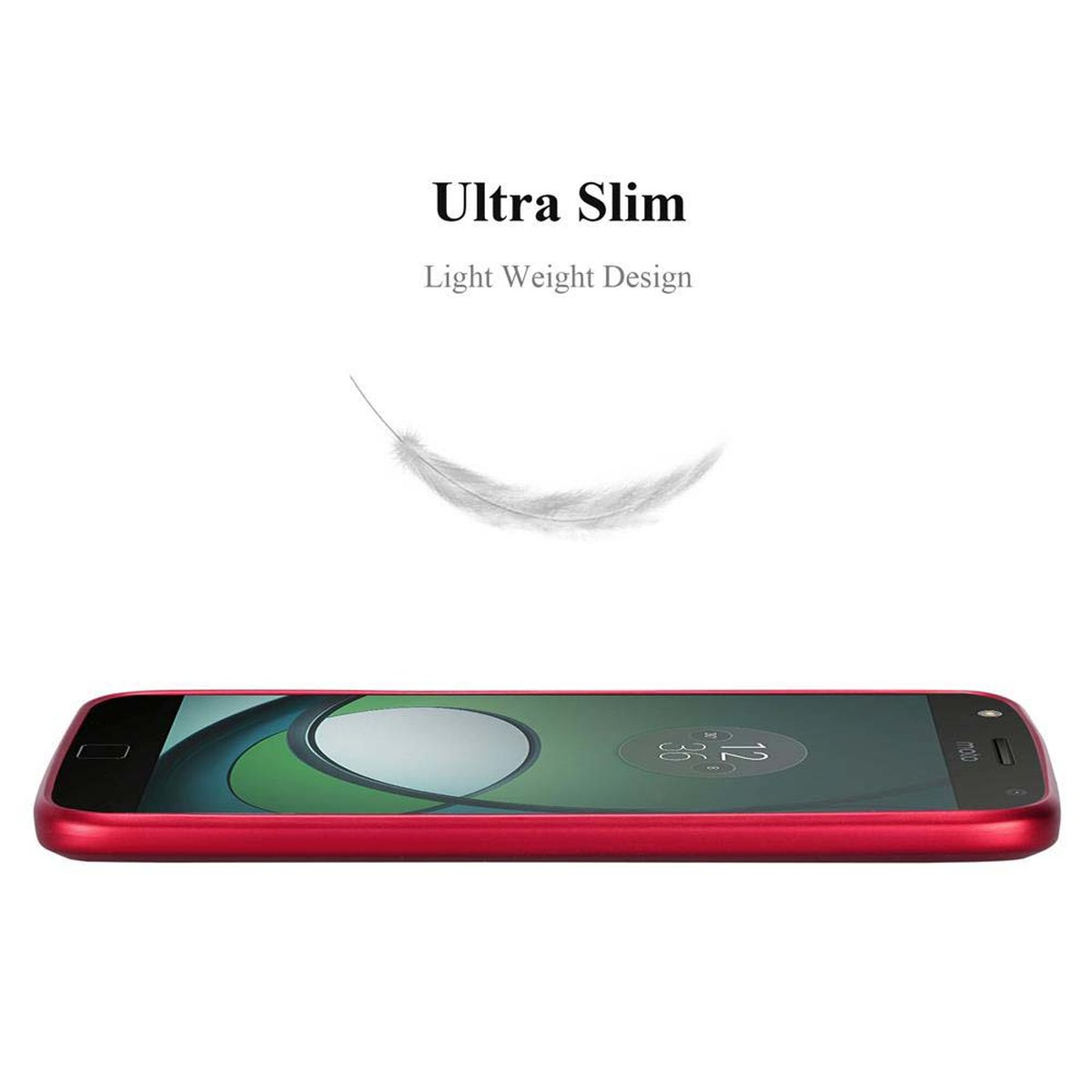 Un telefono rosso disteso, con una grafica di piume sopra. Il telefono è elegante e sottile nel design.