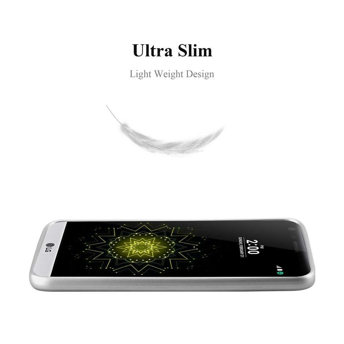 Ein Telefon von der Seite, mit dem Text 'Ultra Slim, Light Weight Design' und einer Federgrafik.