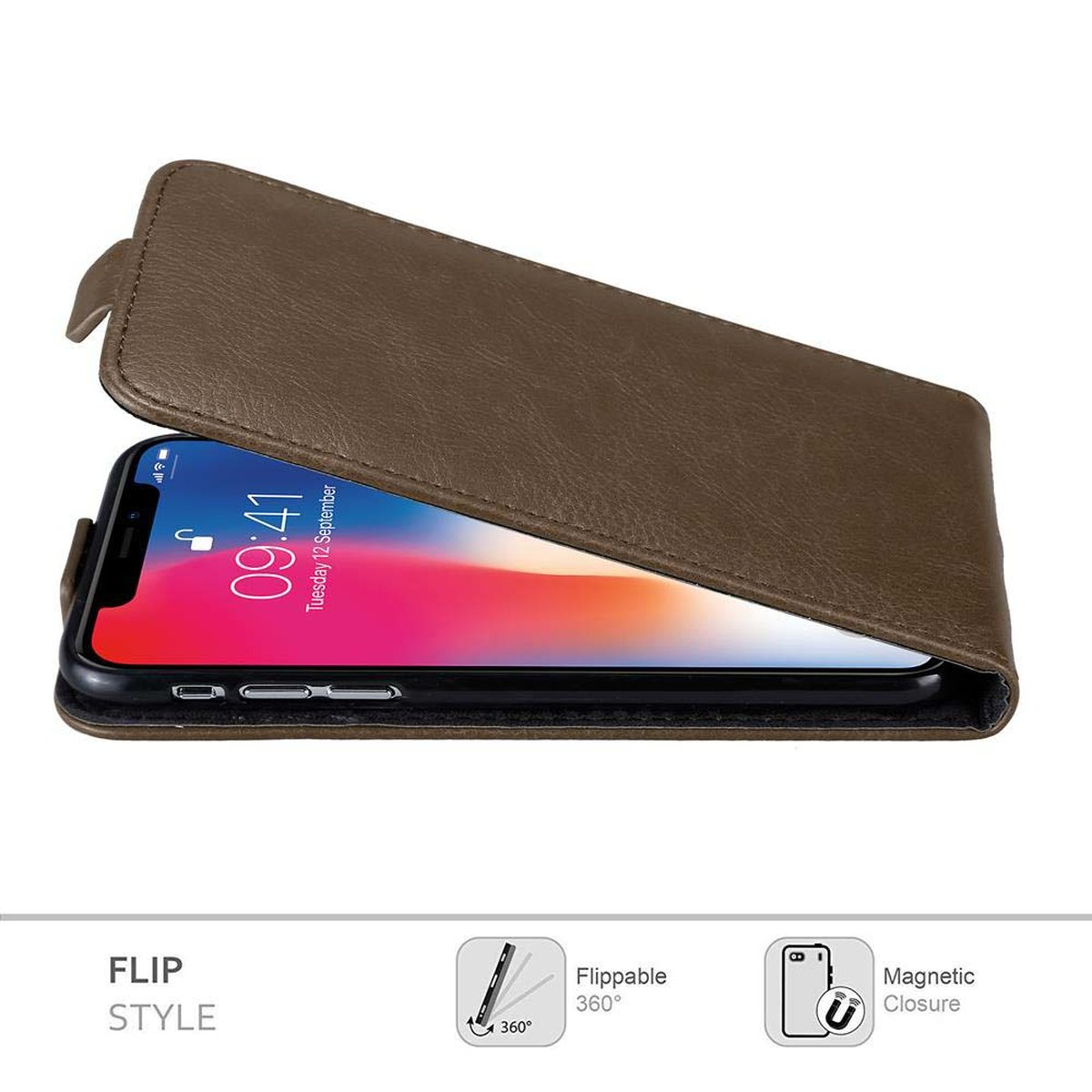 Custodia per telefono marrone, aperta, che mostra il telefono all'interno. Testo: Stile flip. Chiusura magnetica.