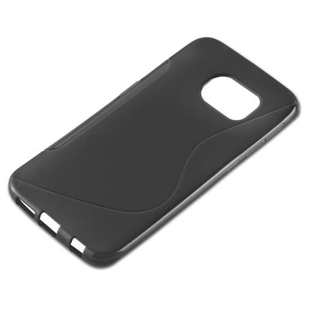 Schwarze Handyhülle mit geschwungenem Design. Weißer Hintergrund.