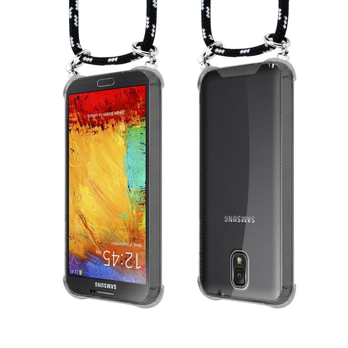 CADORABO Handy Samsung, SCHWARZ mit 3, Band Silber Galaxy SILBER abnehmbarer Kordel Hülle, Backcover, Kette Ringen, und NOTE