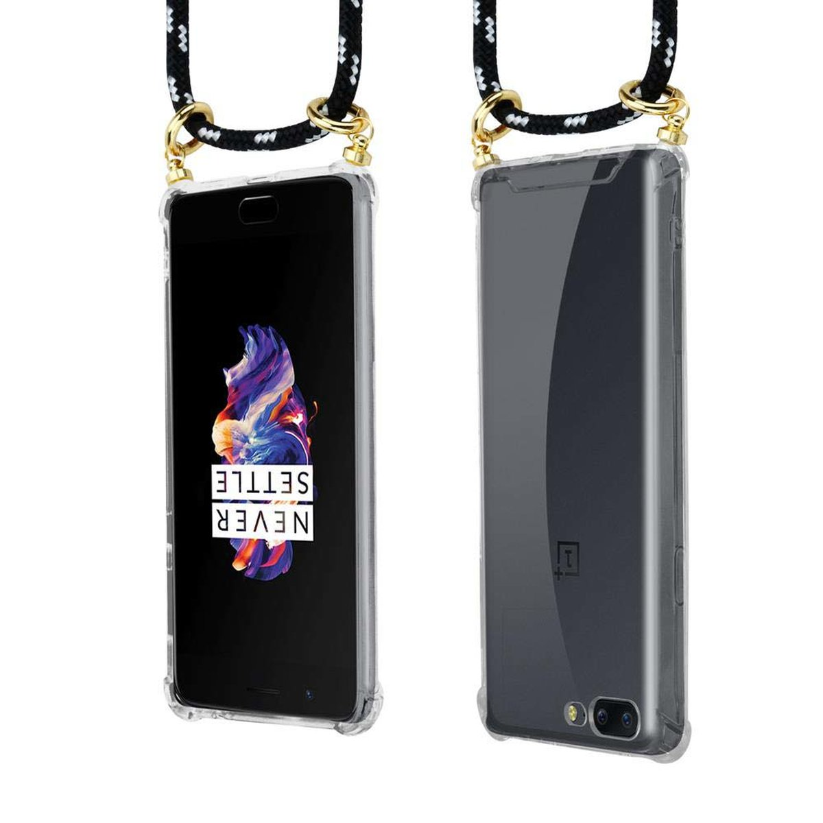 5, OnePlus, SILBER CADORABO abnehmbarer Kette Ringen, SCHWARZ Gold Kordel mit und Hülle, Backcover, Band Handy