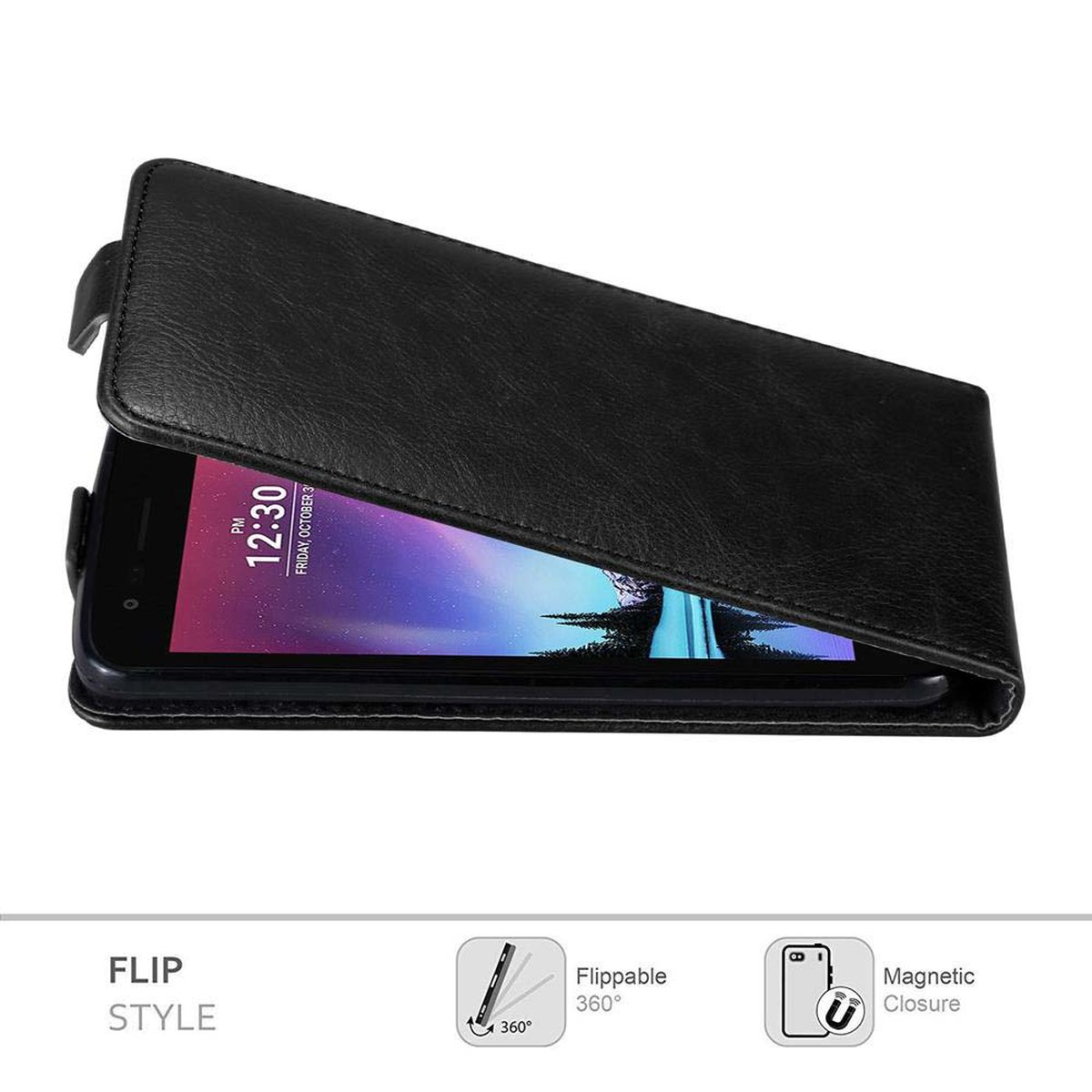 Un telefono nero con una custodia in pelle nera aperta, che mostra lo schermo con testo.