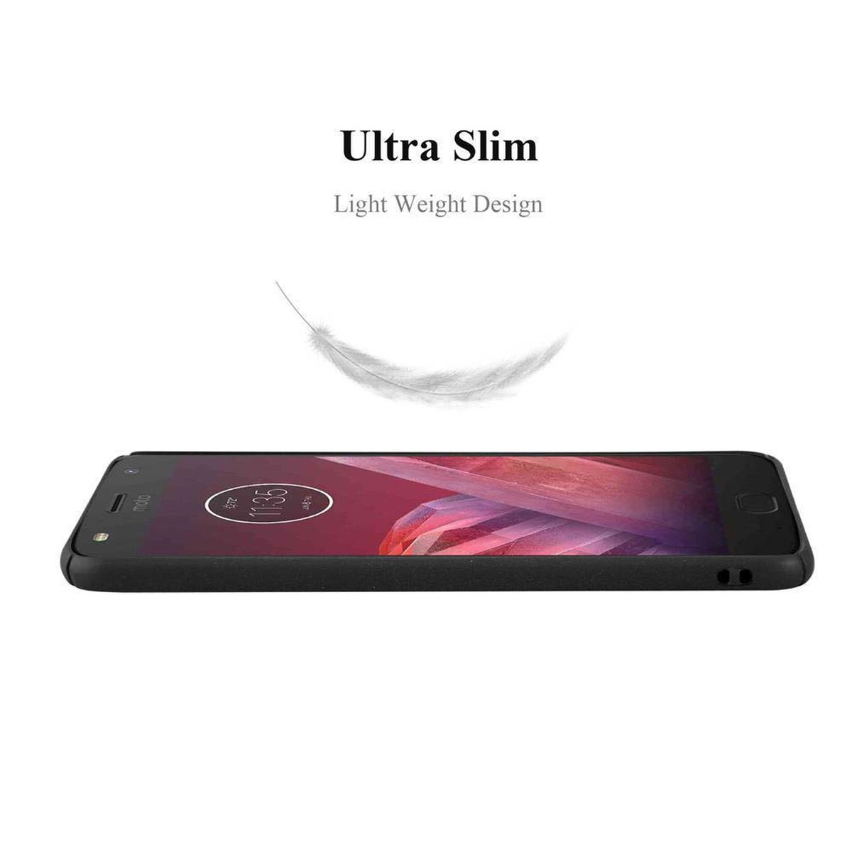 Smartphone nero, sfondo bianco, testo Ultra Slim, grafica piuma leggera.