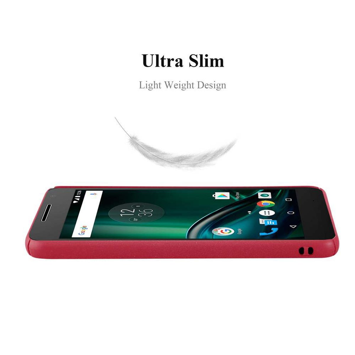 Una custodia rossa con un telefono all'interno; una piuma in aria sopra di esso.