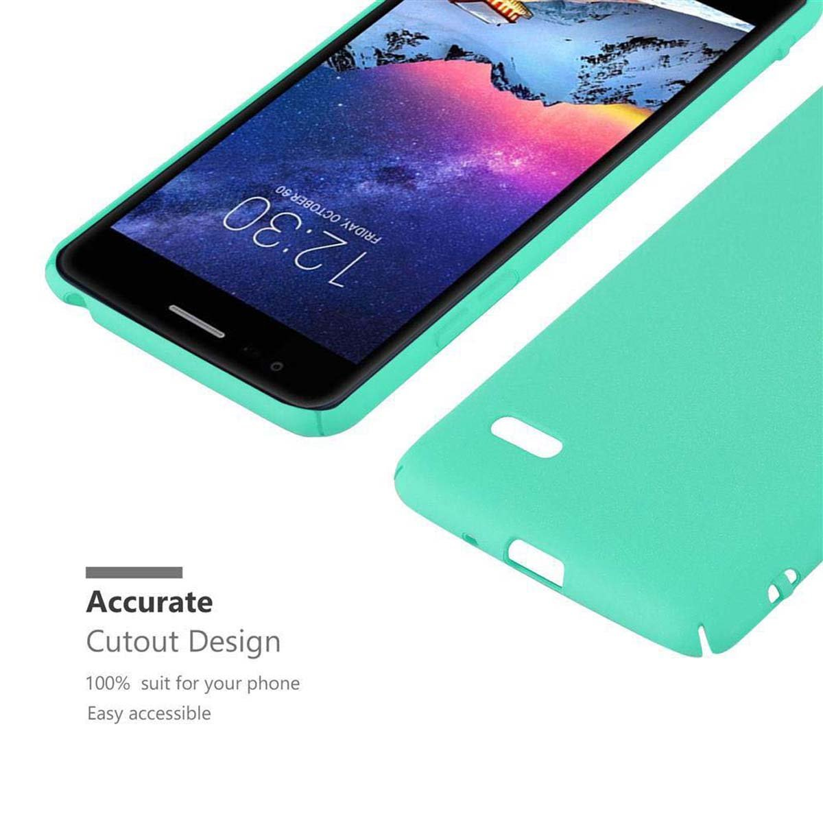 Ein Telefon mit grünem Gehäuse auf weißer Oberfläche mit Text über das Ausschnittdesign.