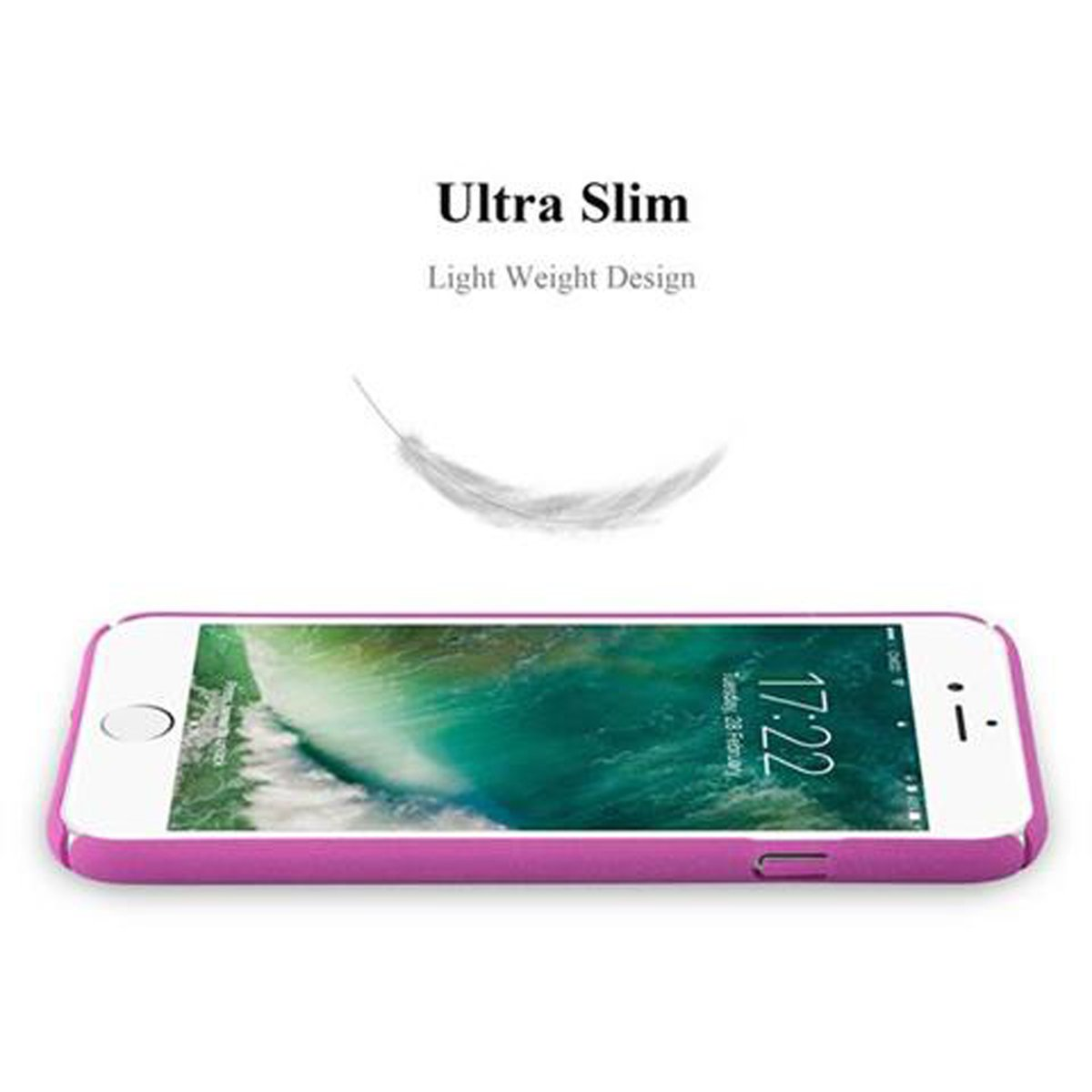 Un telefono bianco con custodia rosa e icona a forma di piuma. Viene visualizzato il testo 'Ultra Slim' e 'Light Weight Design'.