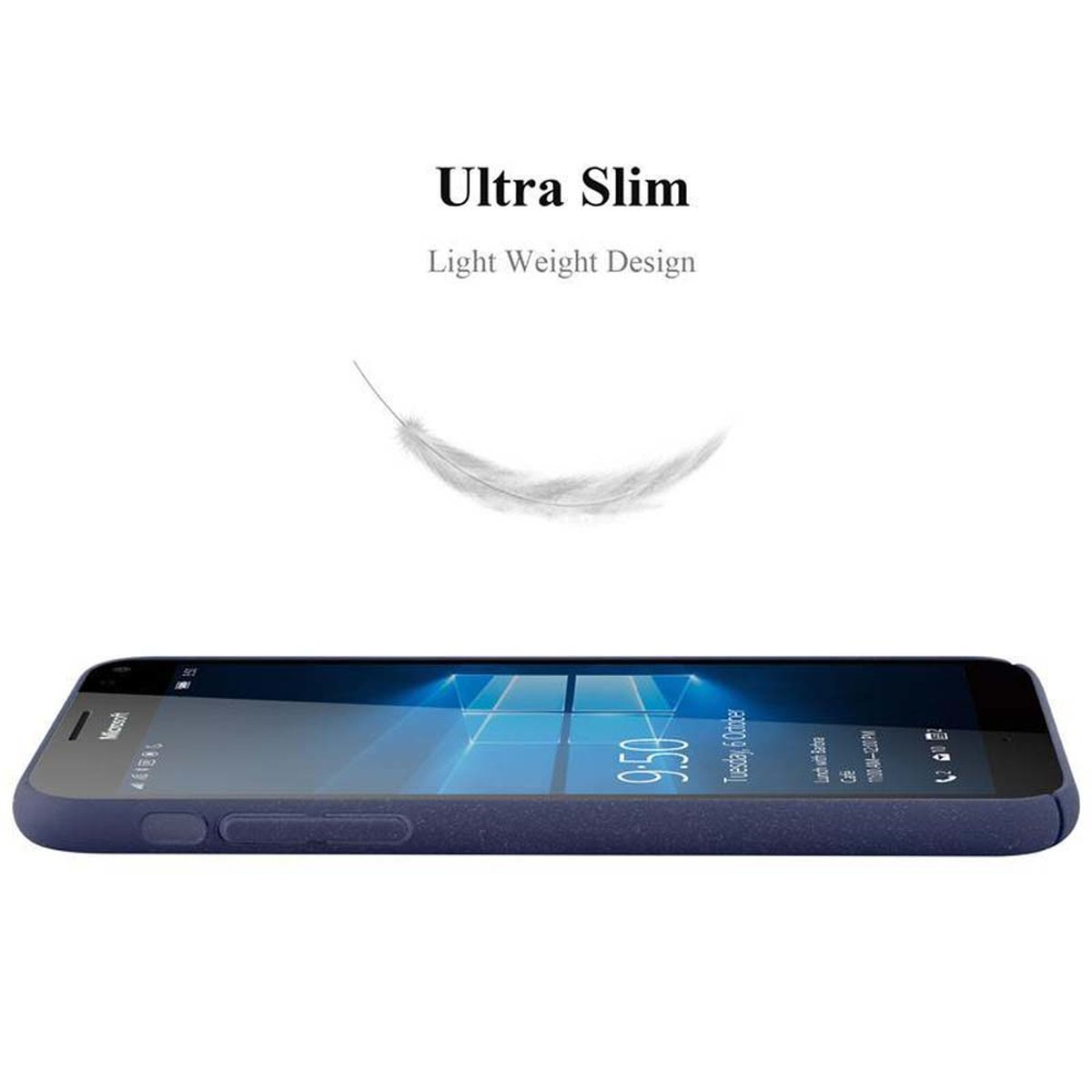 Telefono di lato, con piuma e testo: Ultra Slim.