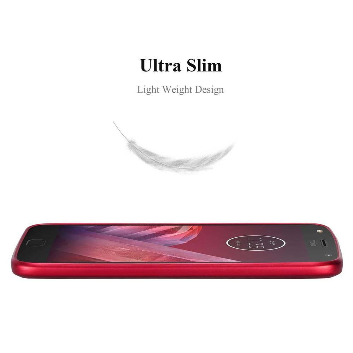 Custodia rossa per telefono con telefono. Il testo in alto recita Ultra Slim, Light Weight Design. Un'immagine di piuma è sopra il telefono.