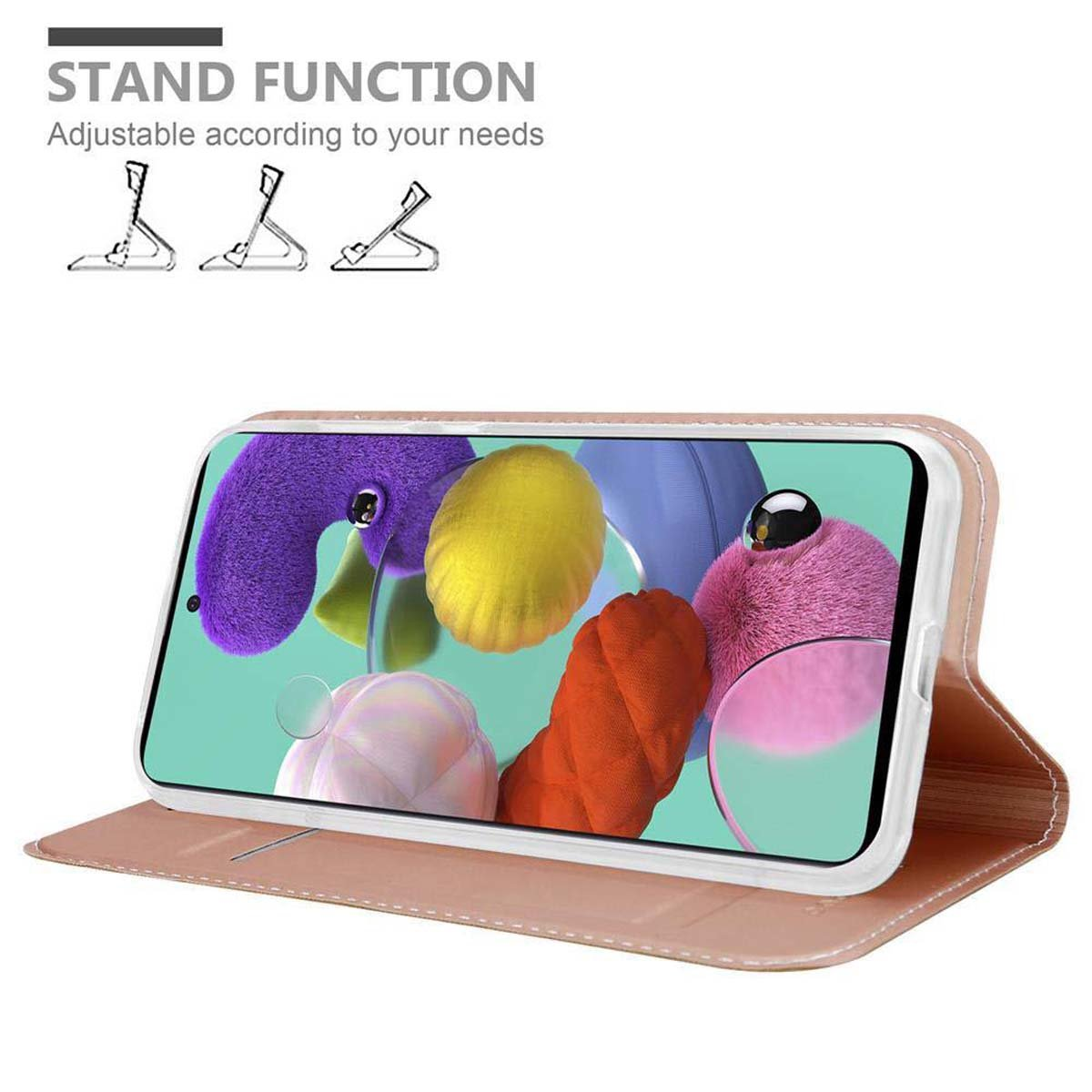 Un telefono in una custodia rosa con funzione stand, che mostra forme colorate sullo schermo.