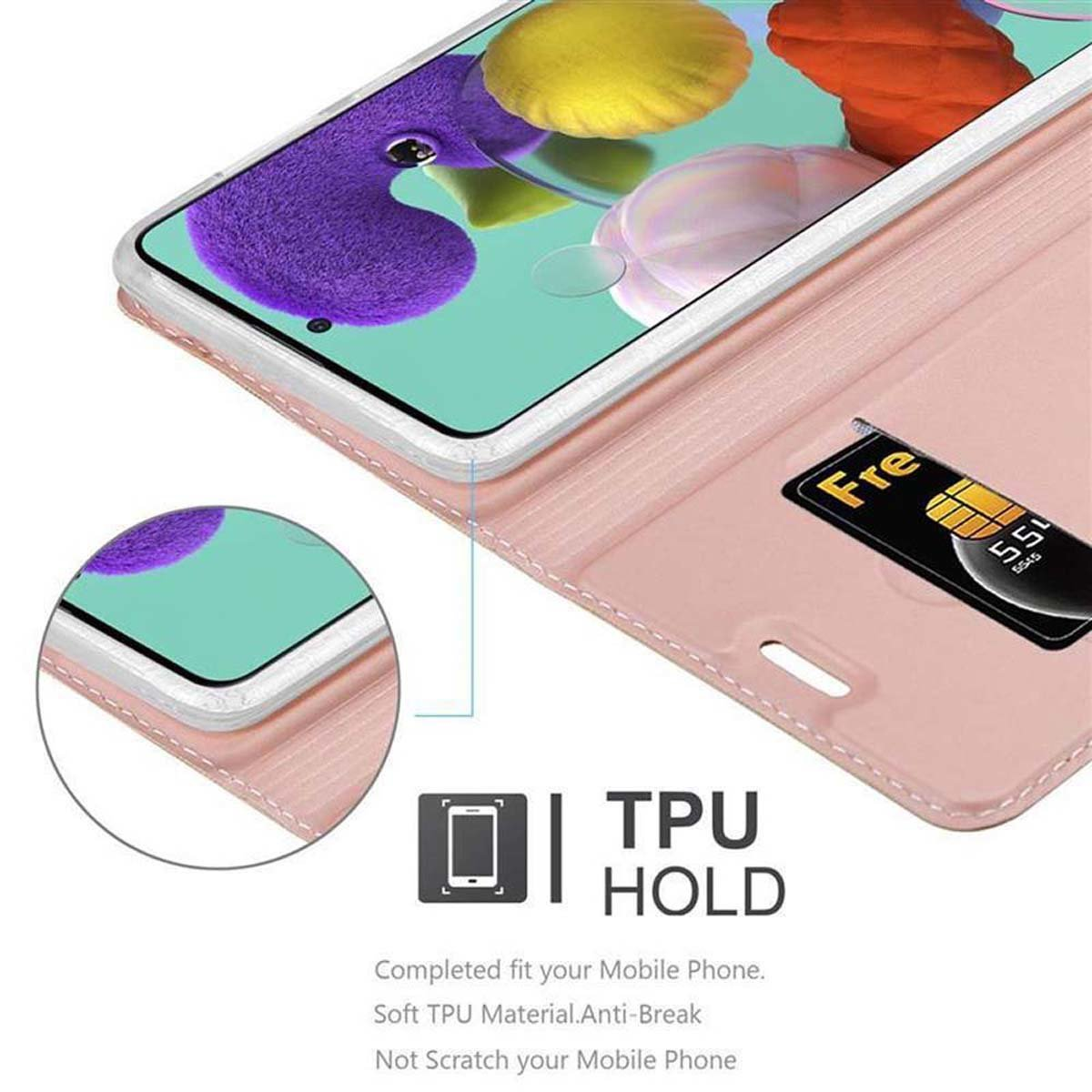 Custodia rosa per telefono con una carta e un telefono. Il testo dice 'TPU HOLD' e altri dettagli. Sfondo bianco.