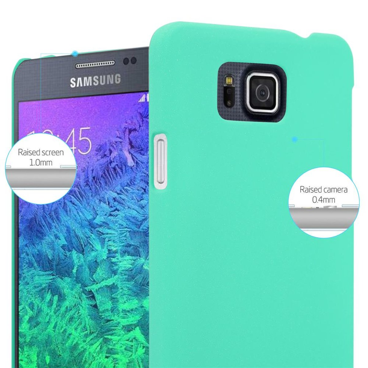Funda de teléfono verde en un teléfono. La funda protege la pantalla y la cámara. El texto muestra el tamaño de la pantalla y la cámara.