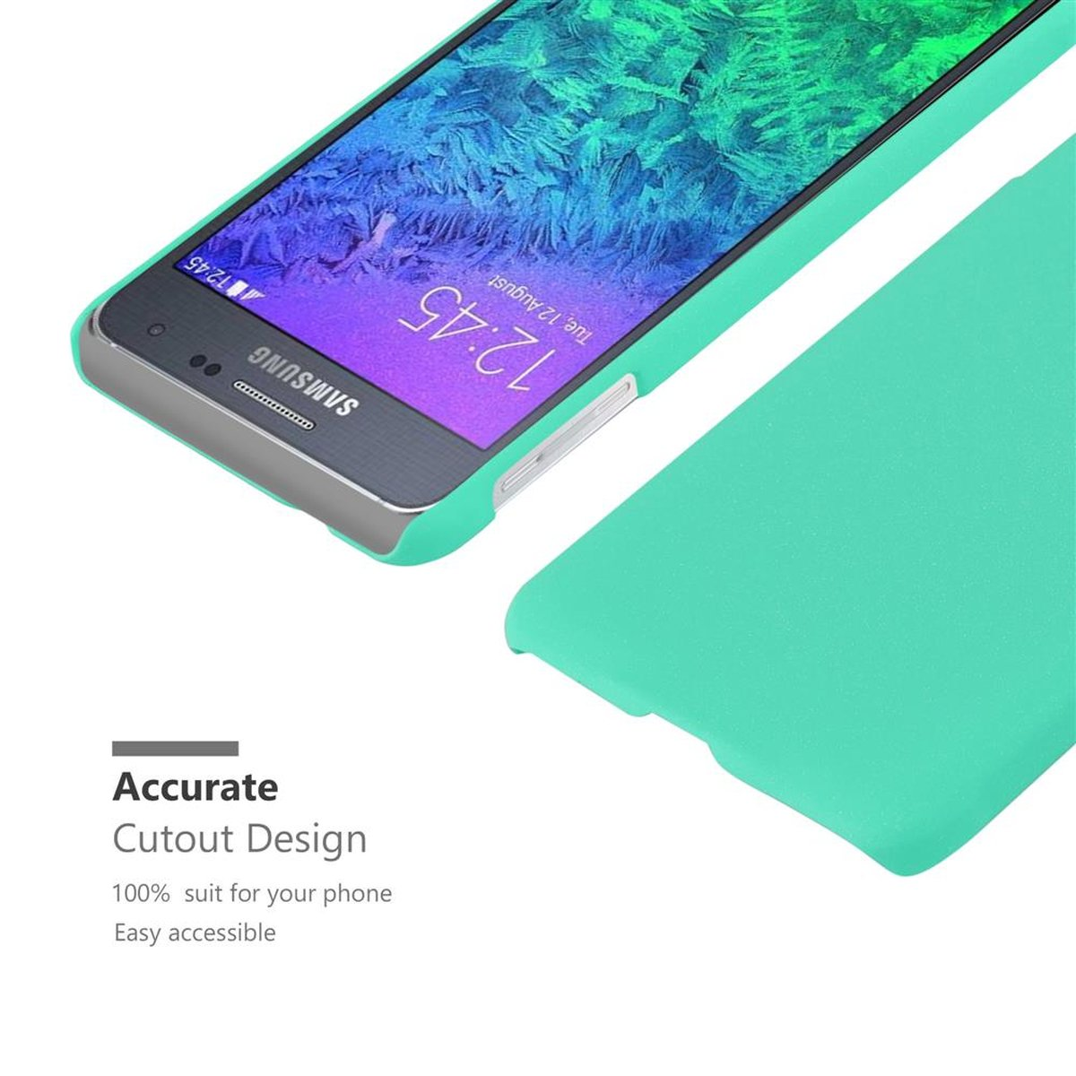 Un teléfono con una funda verde azulado, la pantalla muestra un reloj y las palabras 'Accurate Cutout Design'.