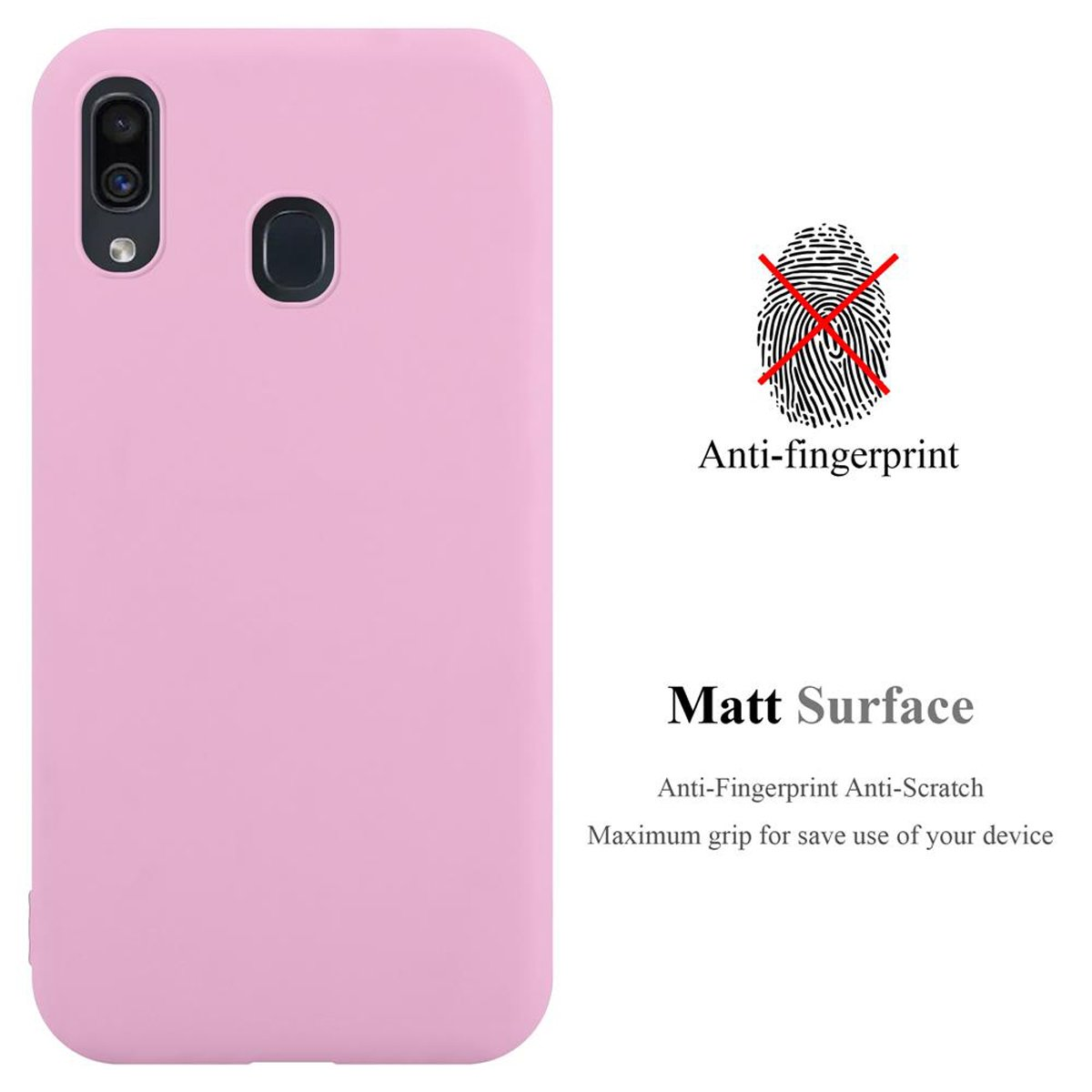 Custodia rosa per telefono. Il testo dice 'Anti-impronta' e 'Superficie opaca'. Nessuna grafica dell'impronta.