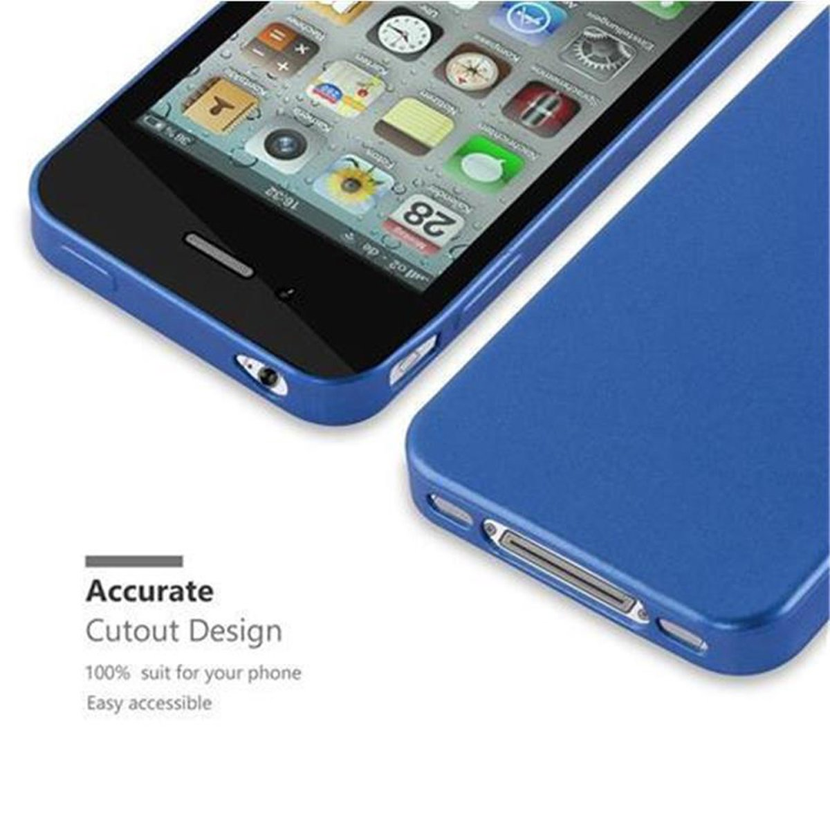Blaue Handyhülle. Telefon ist drin. Text sagt "Accurate Cutout Design" und "Easy accessible".