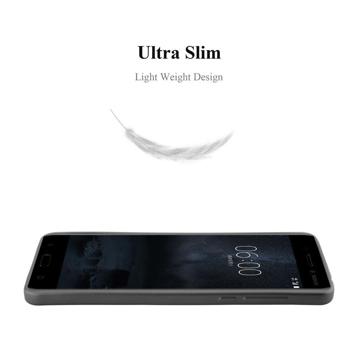 Un telefono è appoggiato sul tavolo con il testo Ultra Slim e Light Weight Design sopra e una piuma.