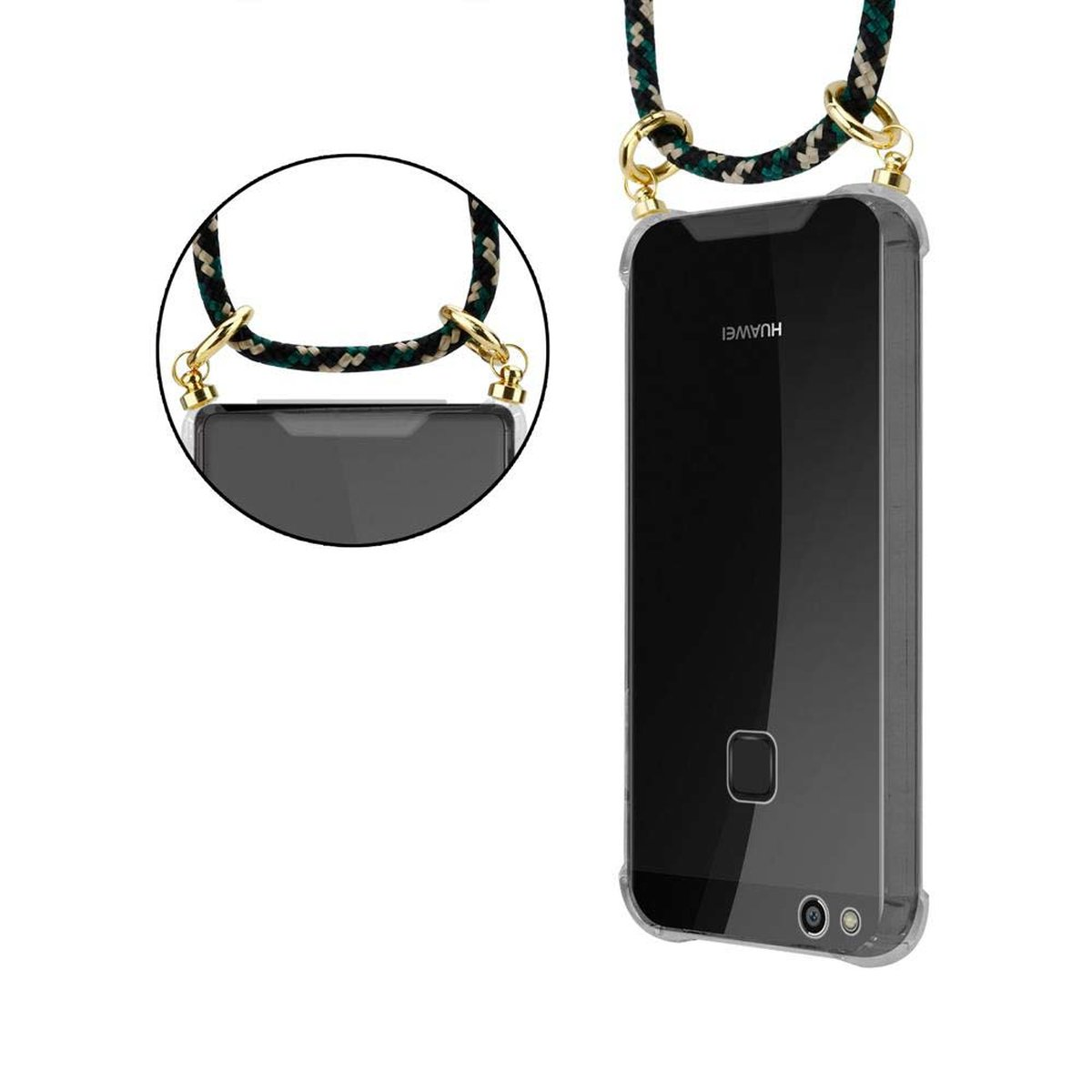 CADORABO Kordel Kette Band Handy Gold und mit Hülle, CAMOUFLAGE Ringen, LITE, abnehmbarer Huawei, P10 Backcover,