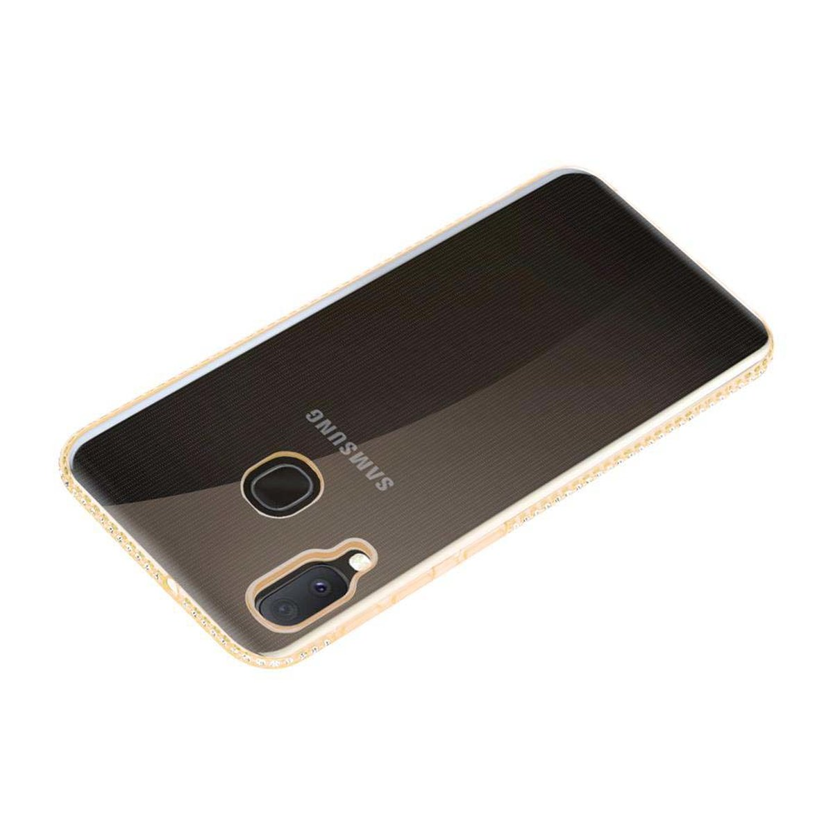 Custodia per telefono con bordi dorati. Il retro del telefono è visibile, con intaglio per la fotocamera.