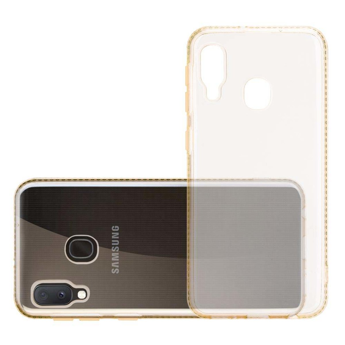 Custodia trasparente con telefono Samsung. Il telefono ha una fotocamera e il logo Samsung.