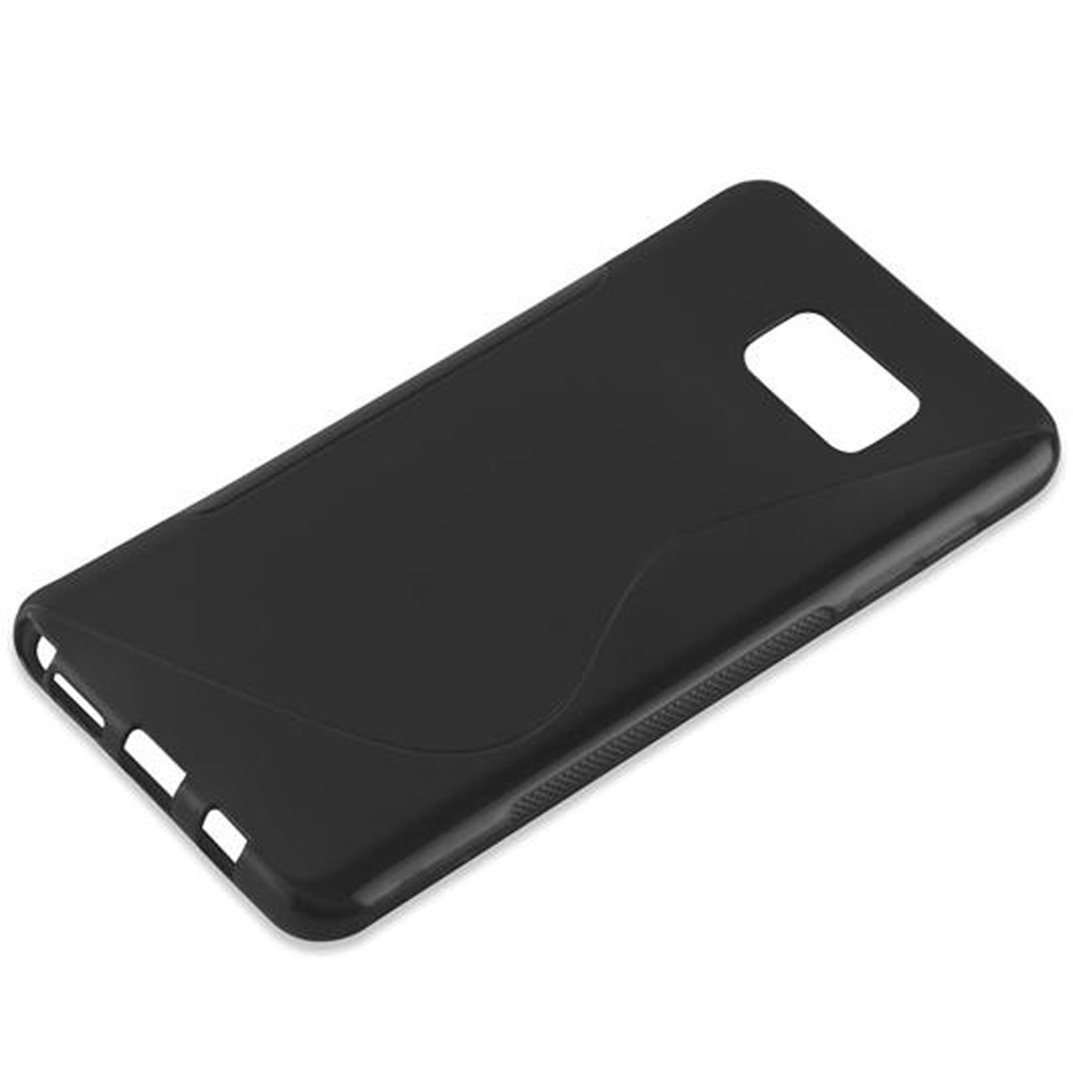 Una custodia per telefono nera con una superficie liscia, con fori per la fotocamera e altre funzioni del telefono.